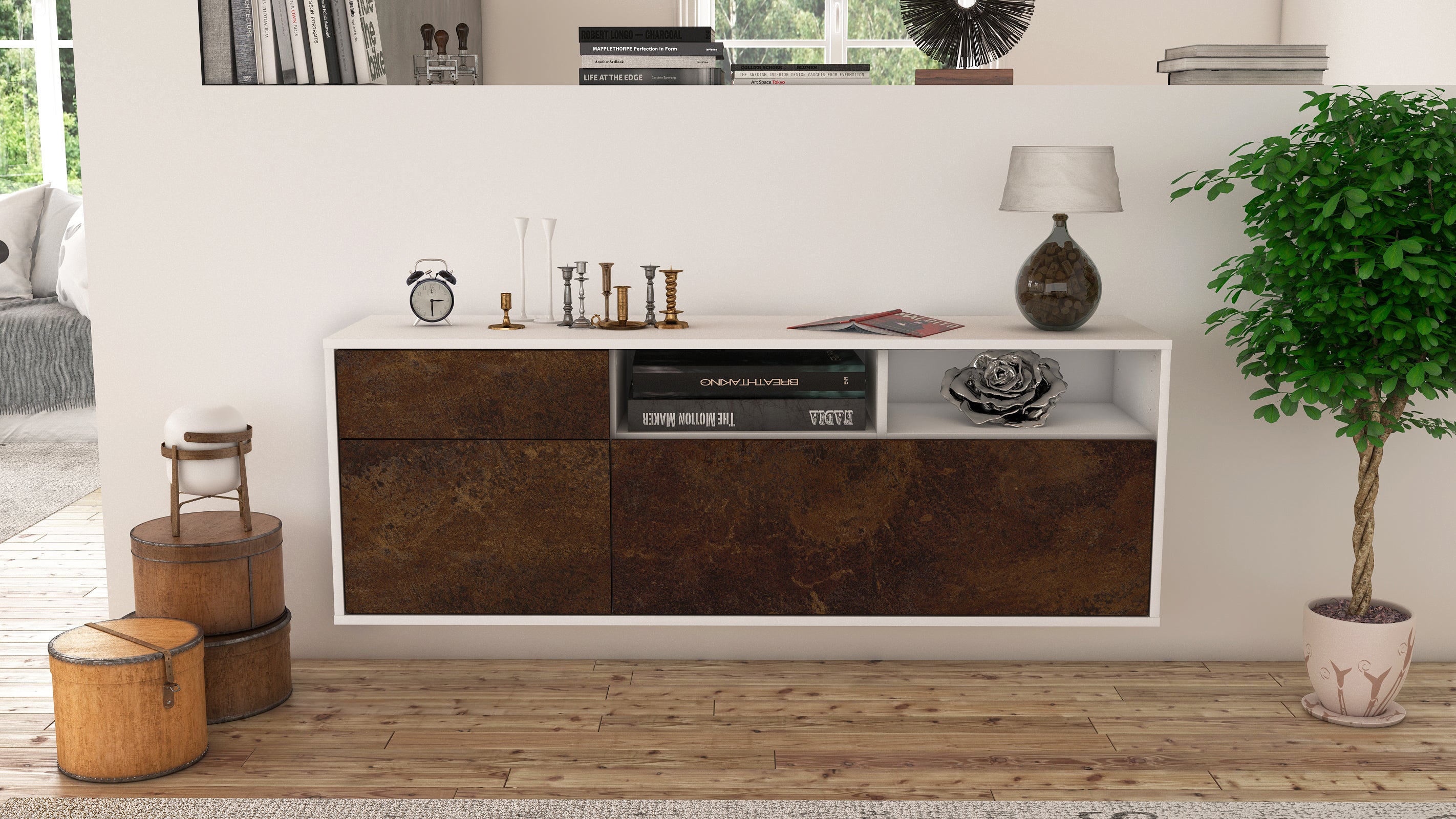 Lowboard - Amisa - Design Industrie Stil - Wandmontage mit Push to Open 136 cm Weiss