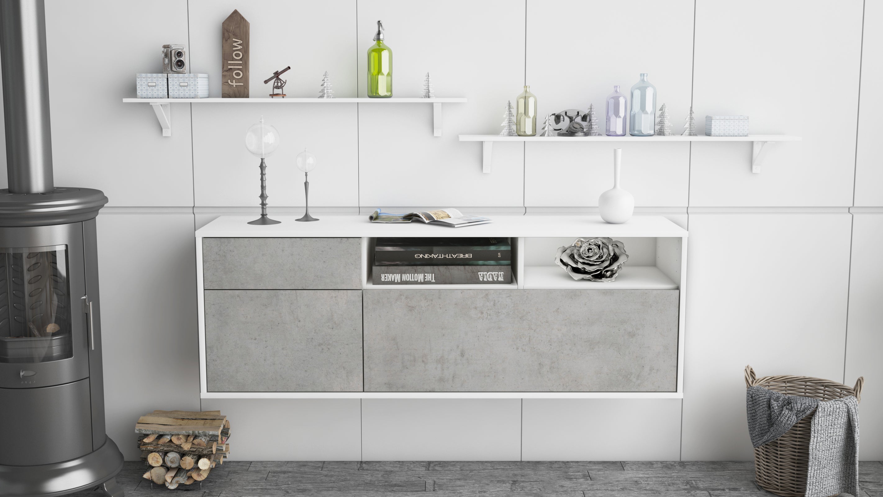 Lowboard - Amisa - Design Industrie Stil - Wandmontage mit Push to Open 136 cm Weiss