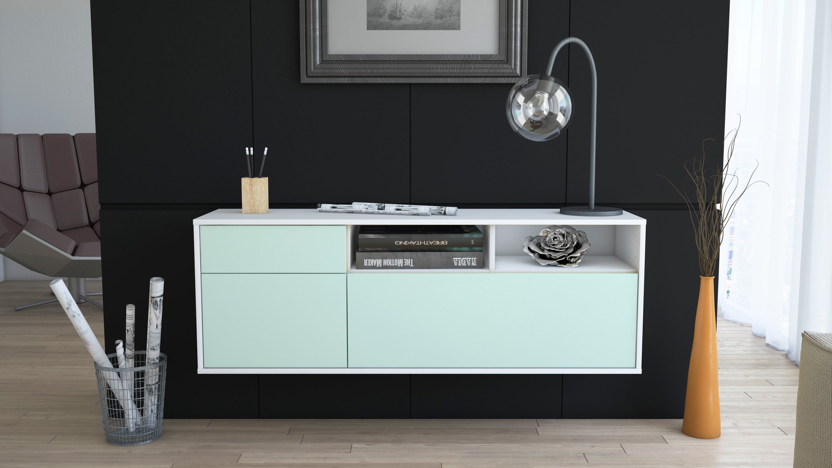 Lowboard - Amisa - Design Farbakzent - Wandmontage mit Push to Open 136 cm Weiss