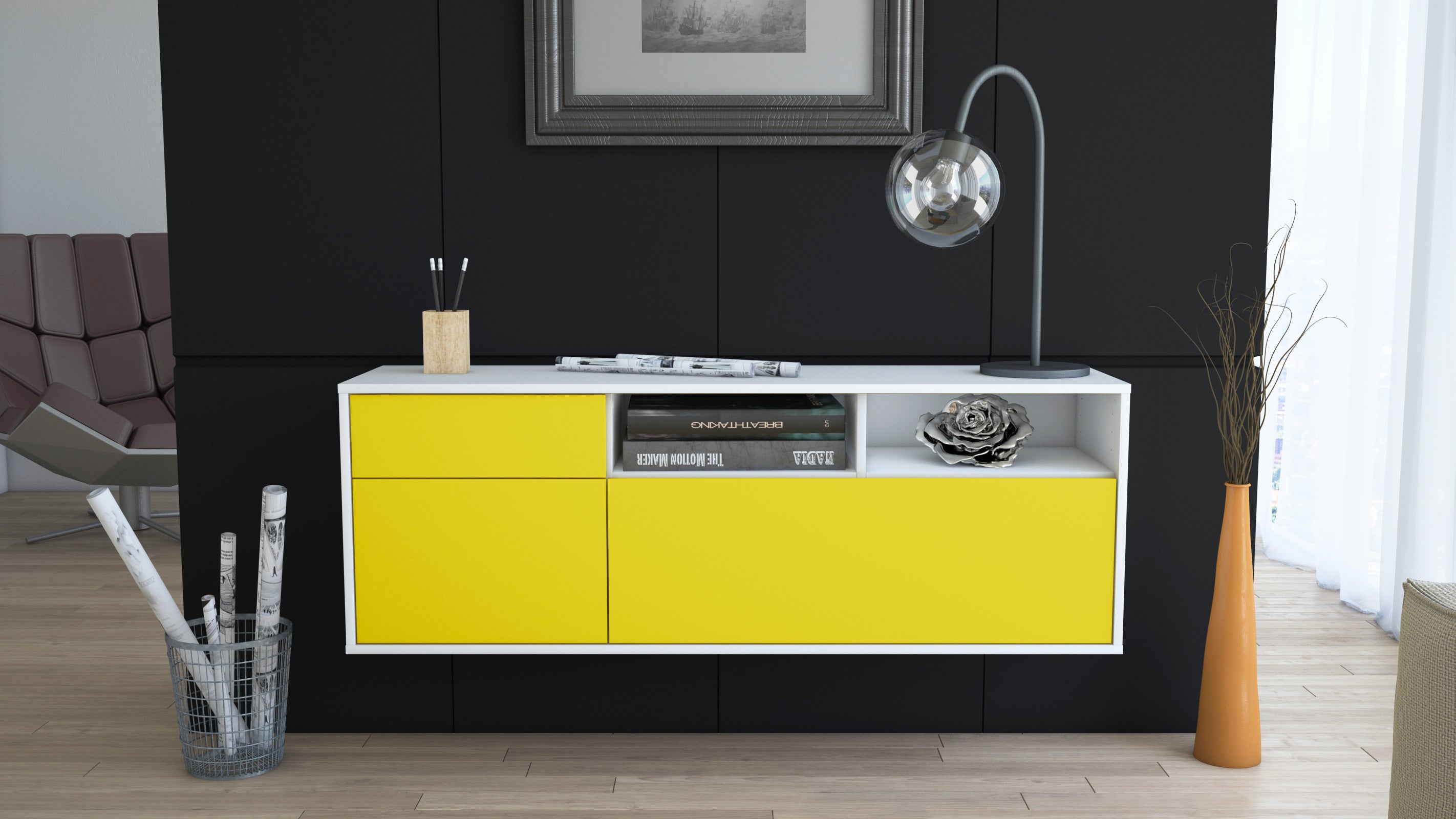 Lowboard - Amisa - Design Farbakzent - Wandmontage mit Push to Open 136 cm Weiss