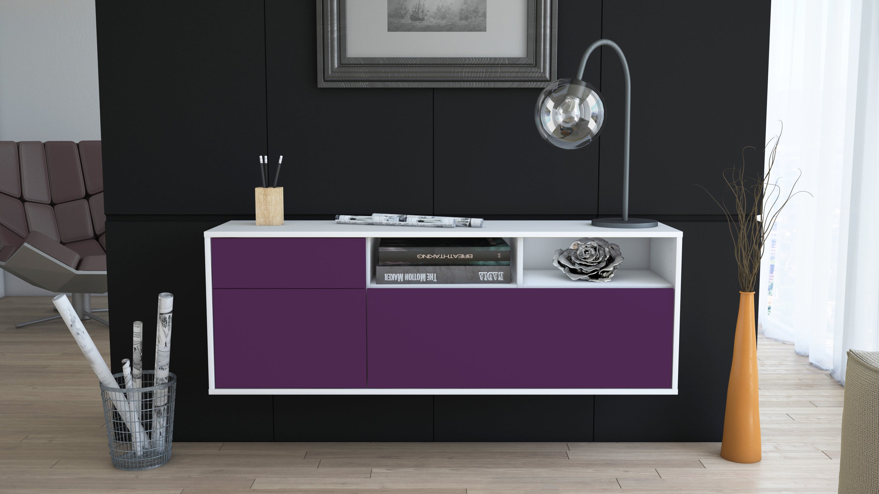 Lowboard - Amisa - Design Farbakzent - Wandmontage mit Push to Open 136 cm Weiss