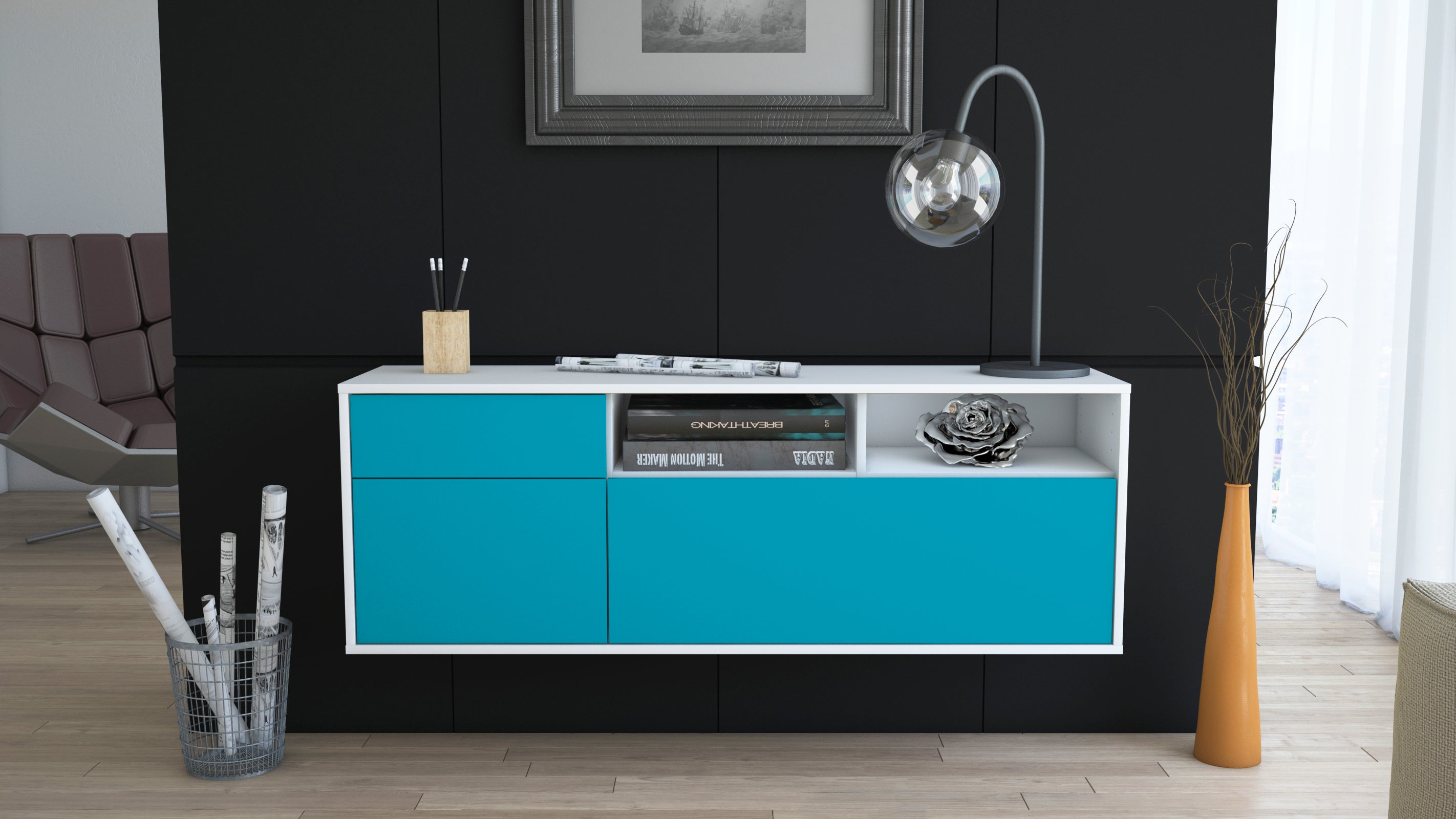 Lowboard - Amisa - Design Farbakzent - Wandmontage mit Push to Open 136 cm Weiss