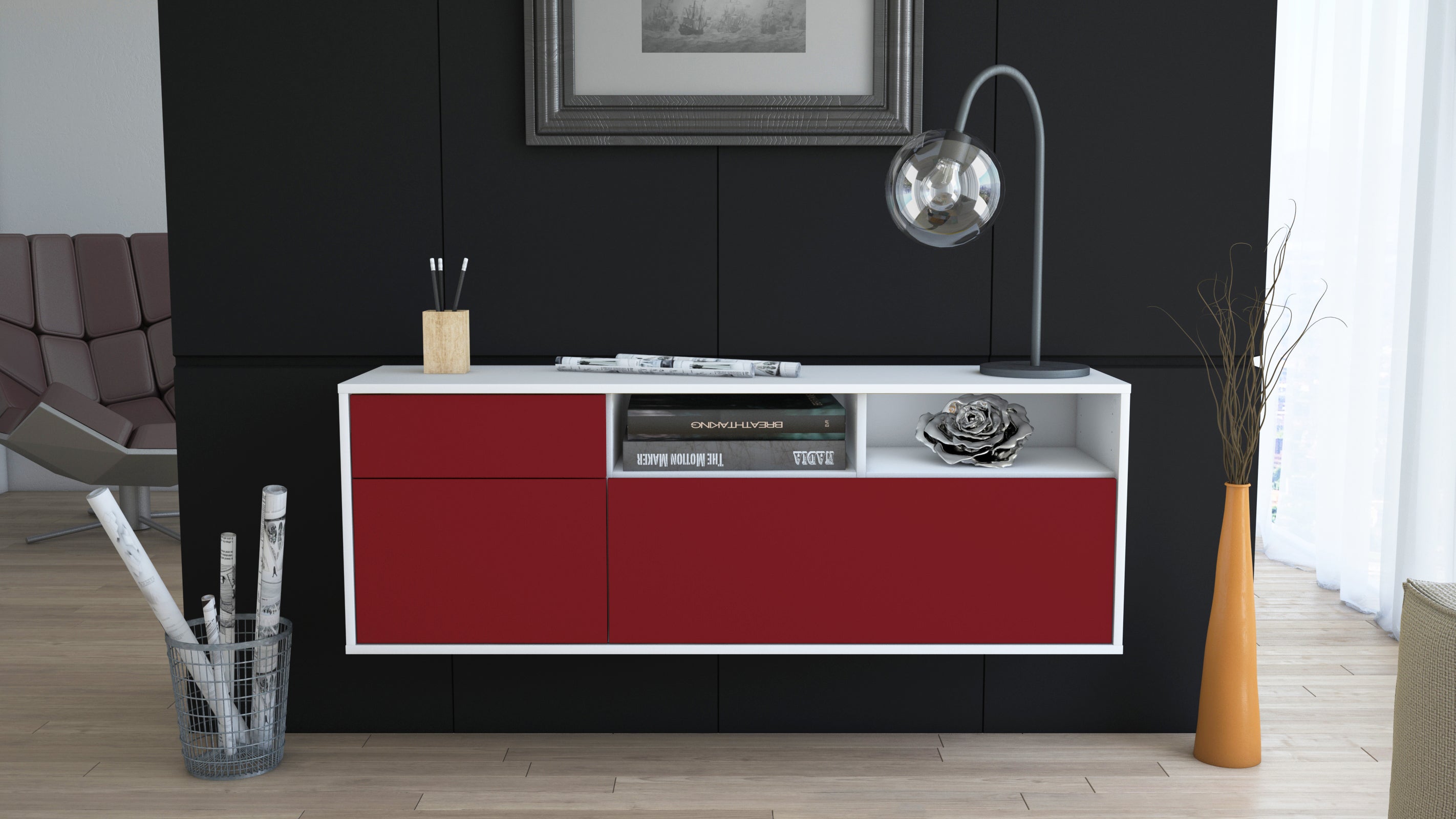 Lowboard - Amisa - Design Farbakzent - Wandmontage mit Push to Open 136 cm Weiss