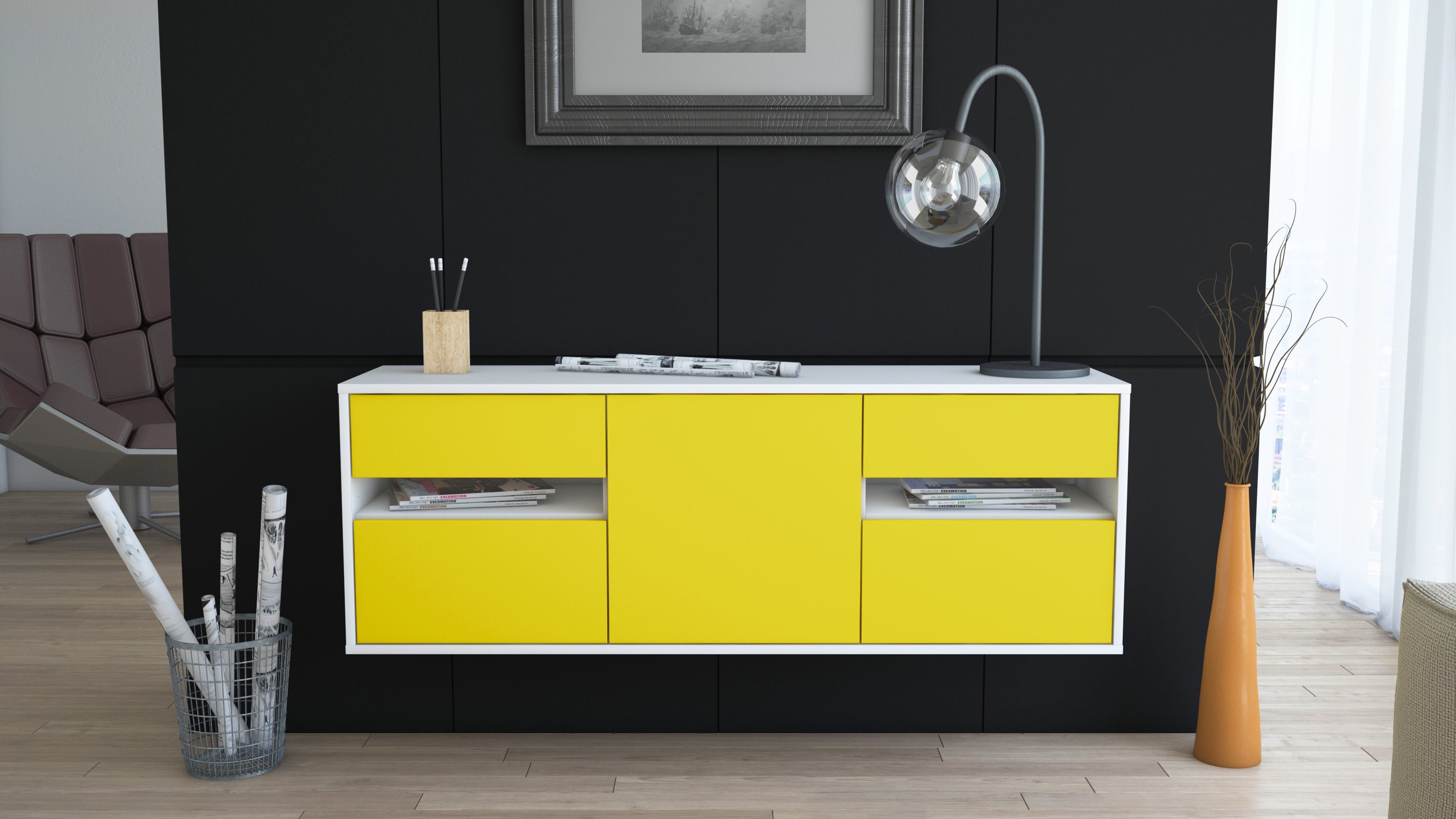 Lowboard - Andreana - Design Farbakzent - Wandmontage mit Push to Open 136 cm Weiss