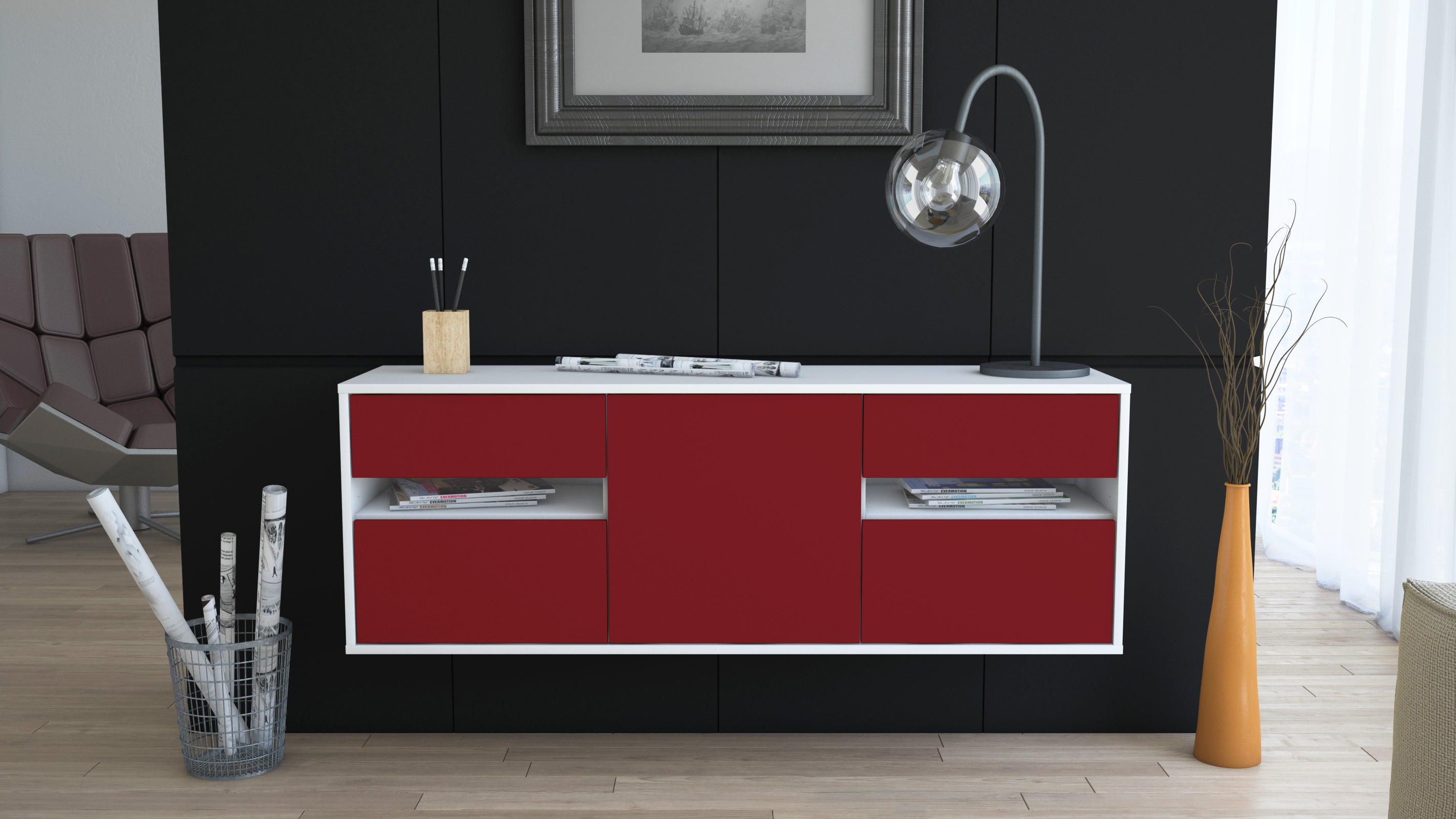 Lowboard - Andreana - Design Farbakzent - Wandmontage mit Push to Open 136 cm Weiss