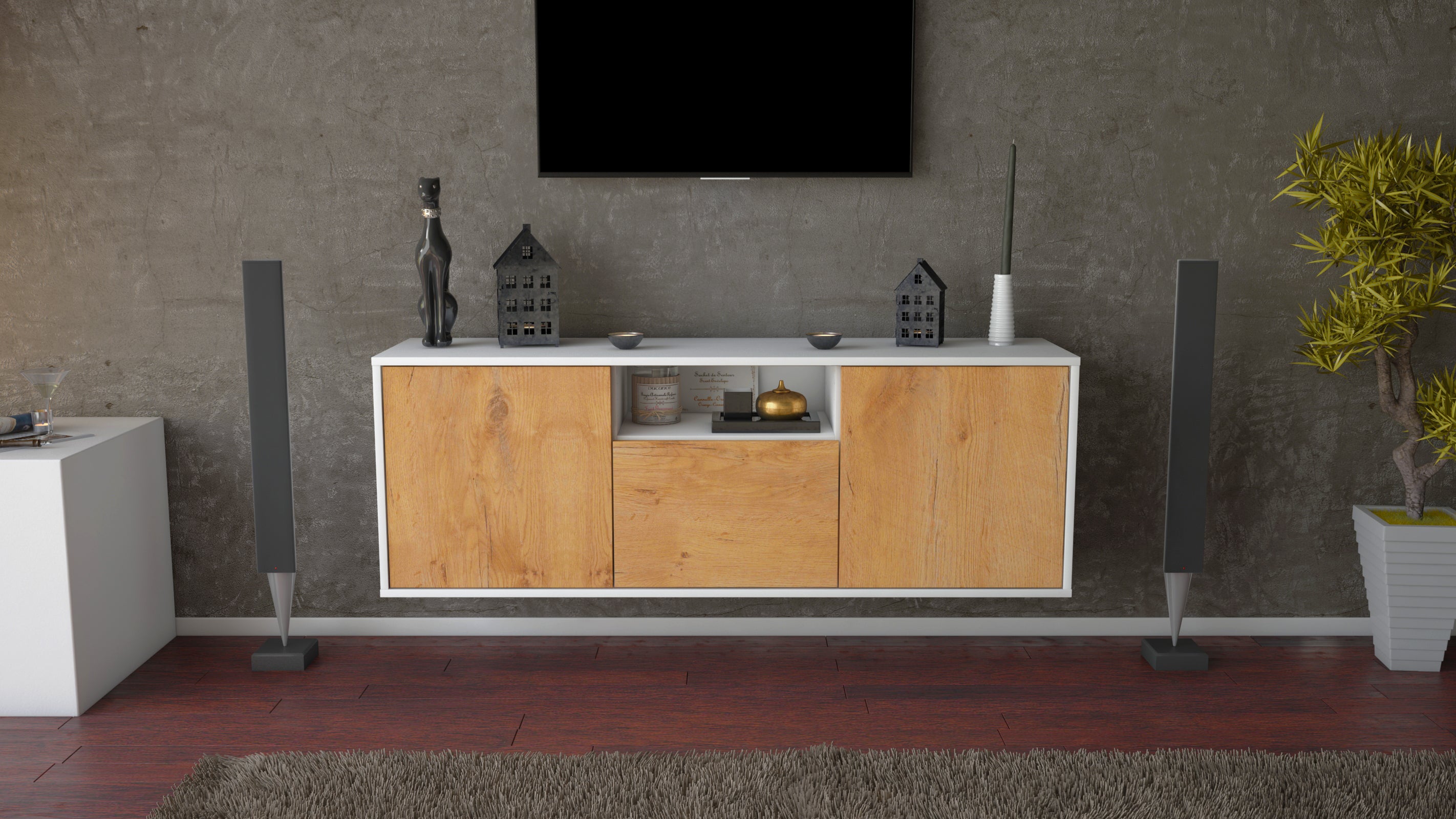 Lowboard - Andrina - Design Holzdekor - Wandmontage mit Push to Open 136 cm Weiss