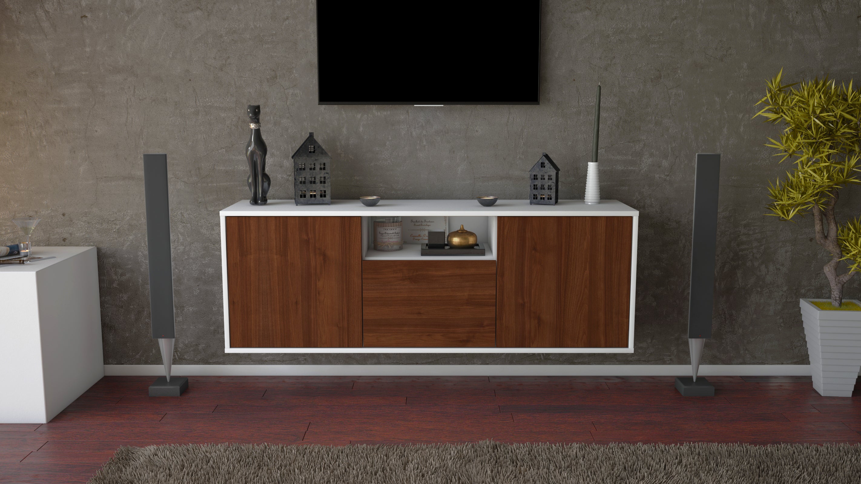 Lowboard - Andrina - Design Holzdekor - Wandmontage mit Push to Open 136 cm Weiss