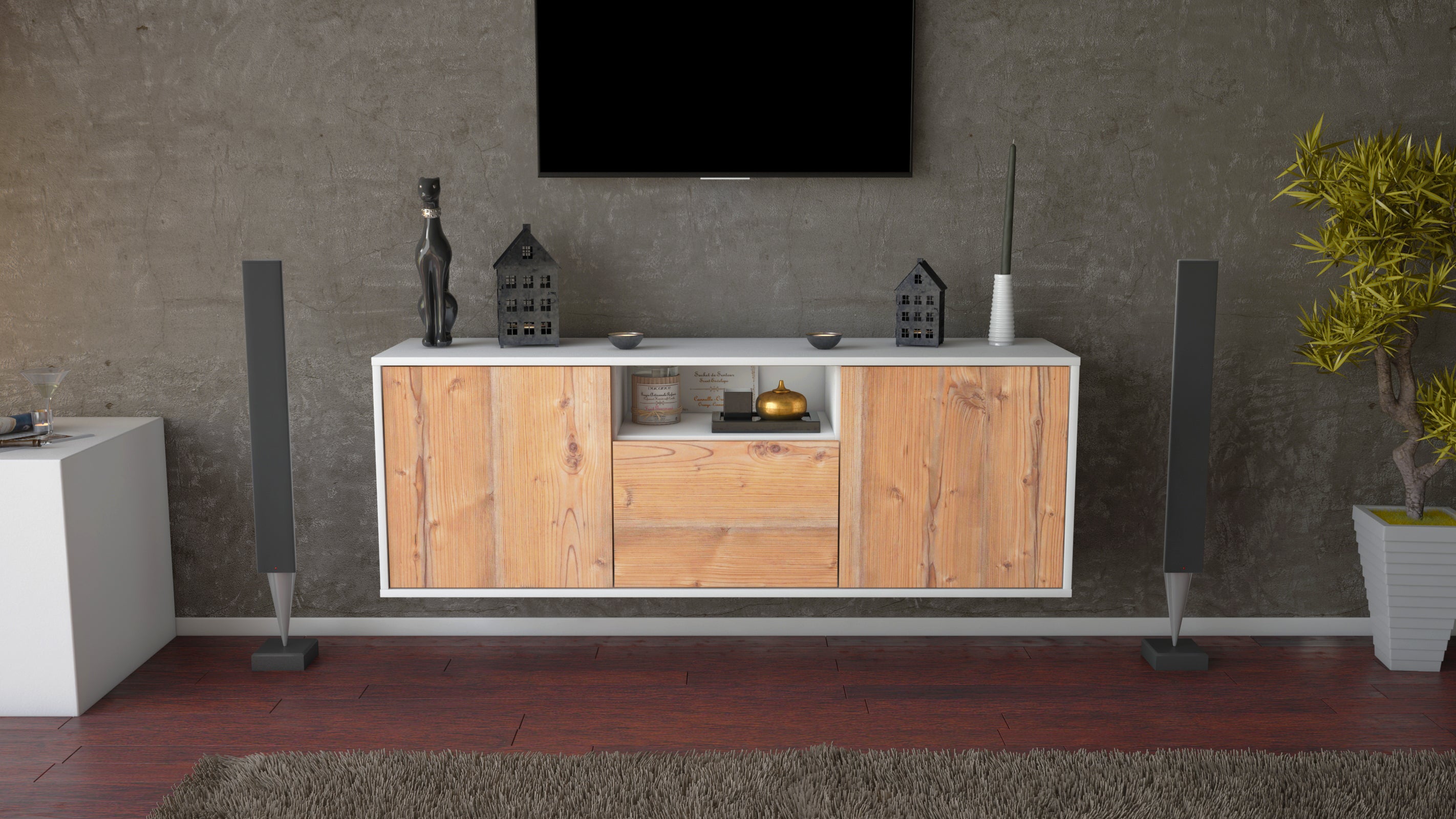Lowboard - Andrina - Design Holzdekor - Wandmontage mit Push to Open 136 cm Weiss