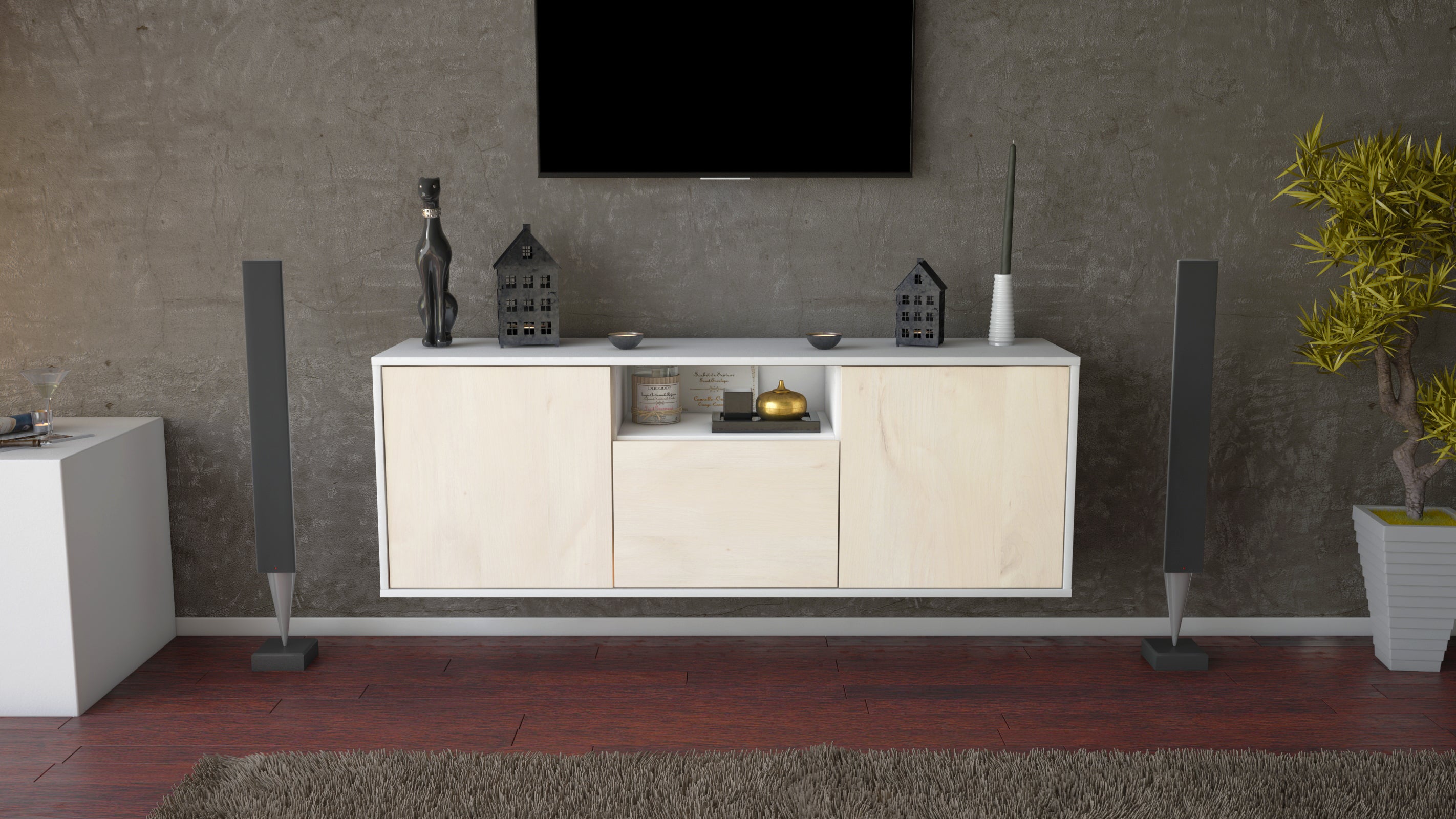 Lowboard - Andrina - Design Holzdekor - Wandmontage mit Push to Open 136 cm Weiss
