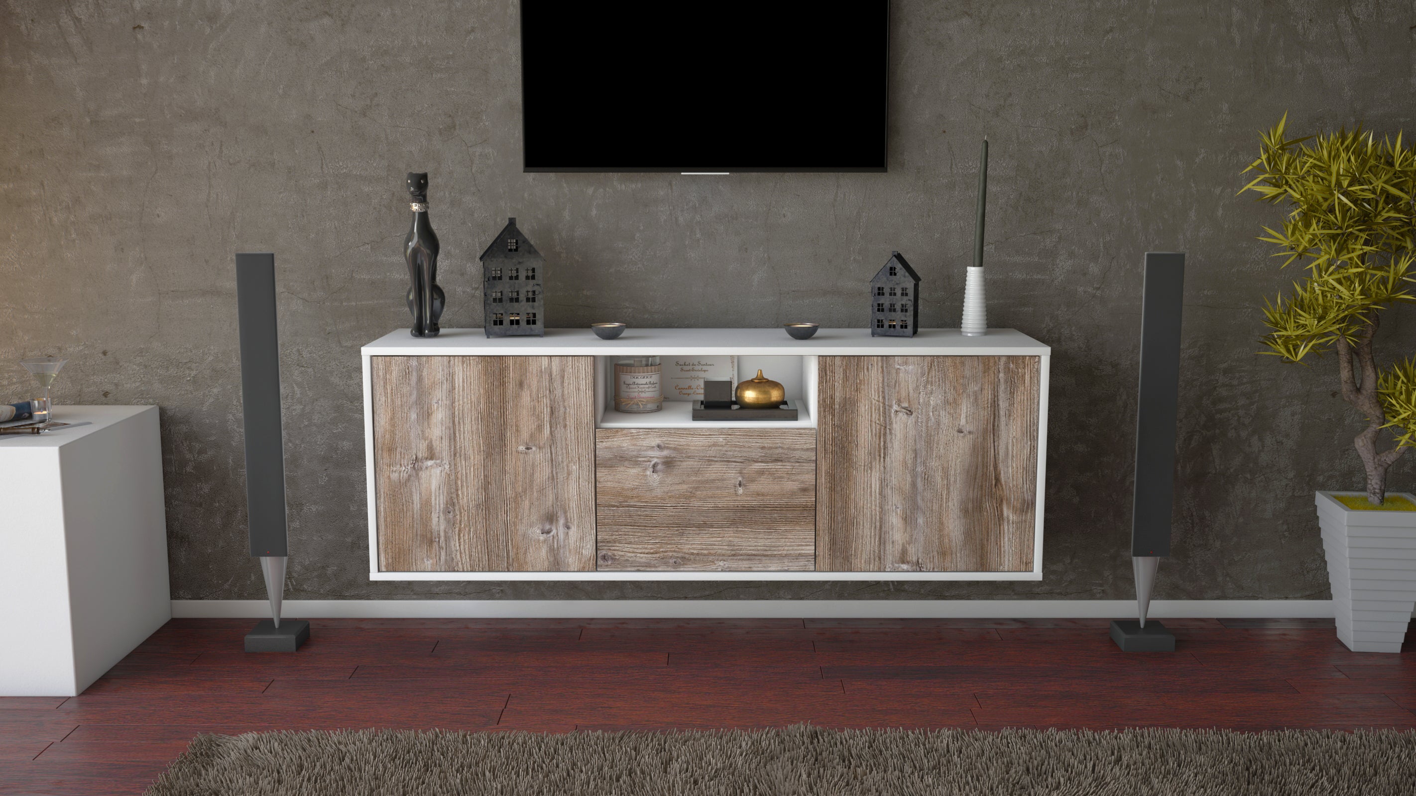 Lowboard - Andrina - Design Holzdekor - Wandmontage mit Push to Open 136 cm Weiss