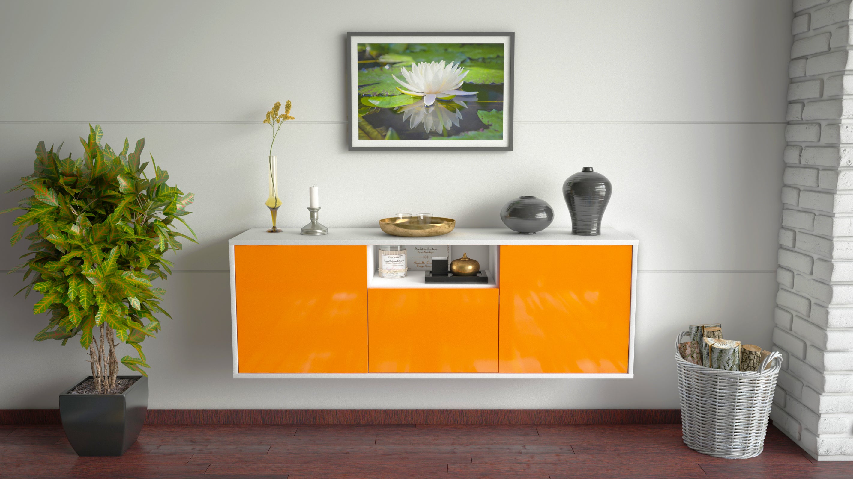 Lowboard - Andrina - Design Hochglanz - Wandmontage mit Push to Open 136 cm Weiss