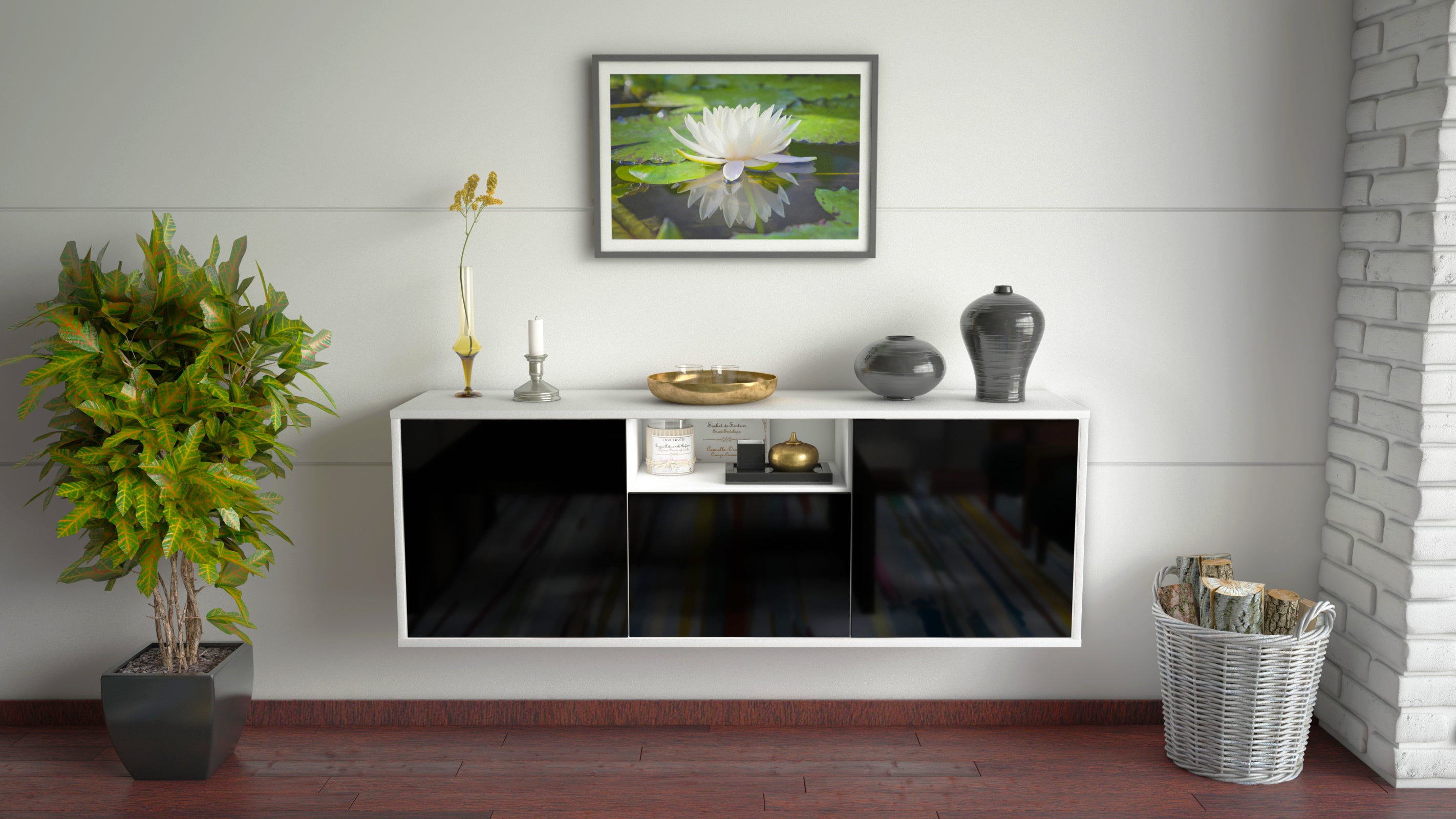 Lowboard - Andrina - Design Hochglanz - Wandmontage mit Push to Open 136 cm Weiss
