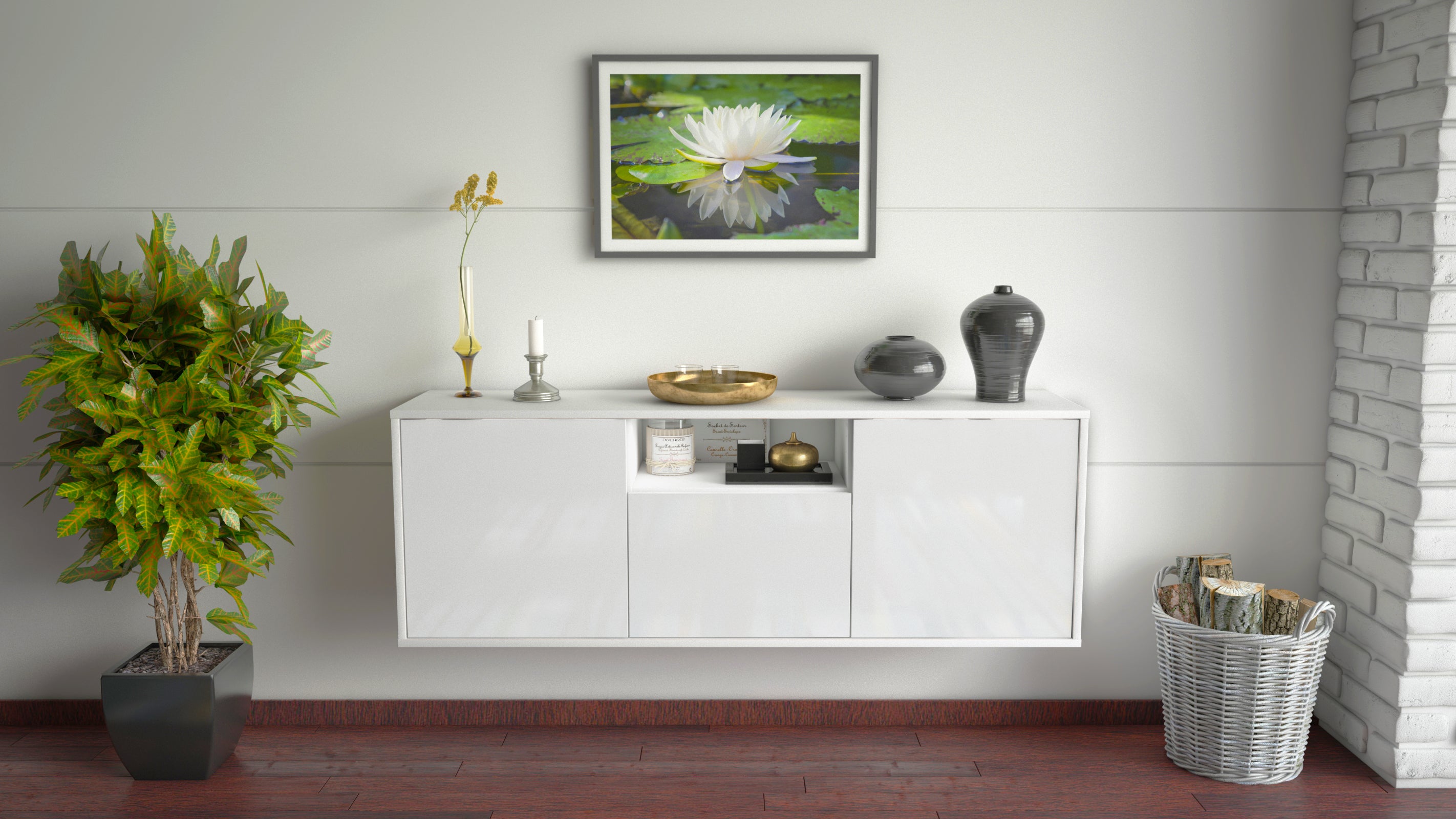 Lowboard - Andrina - Design Hochglanz - Wandmontage mit Push to Open 136 cm Weiss