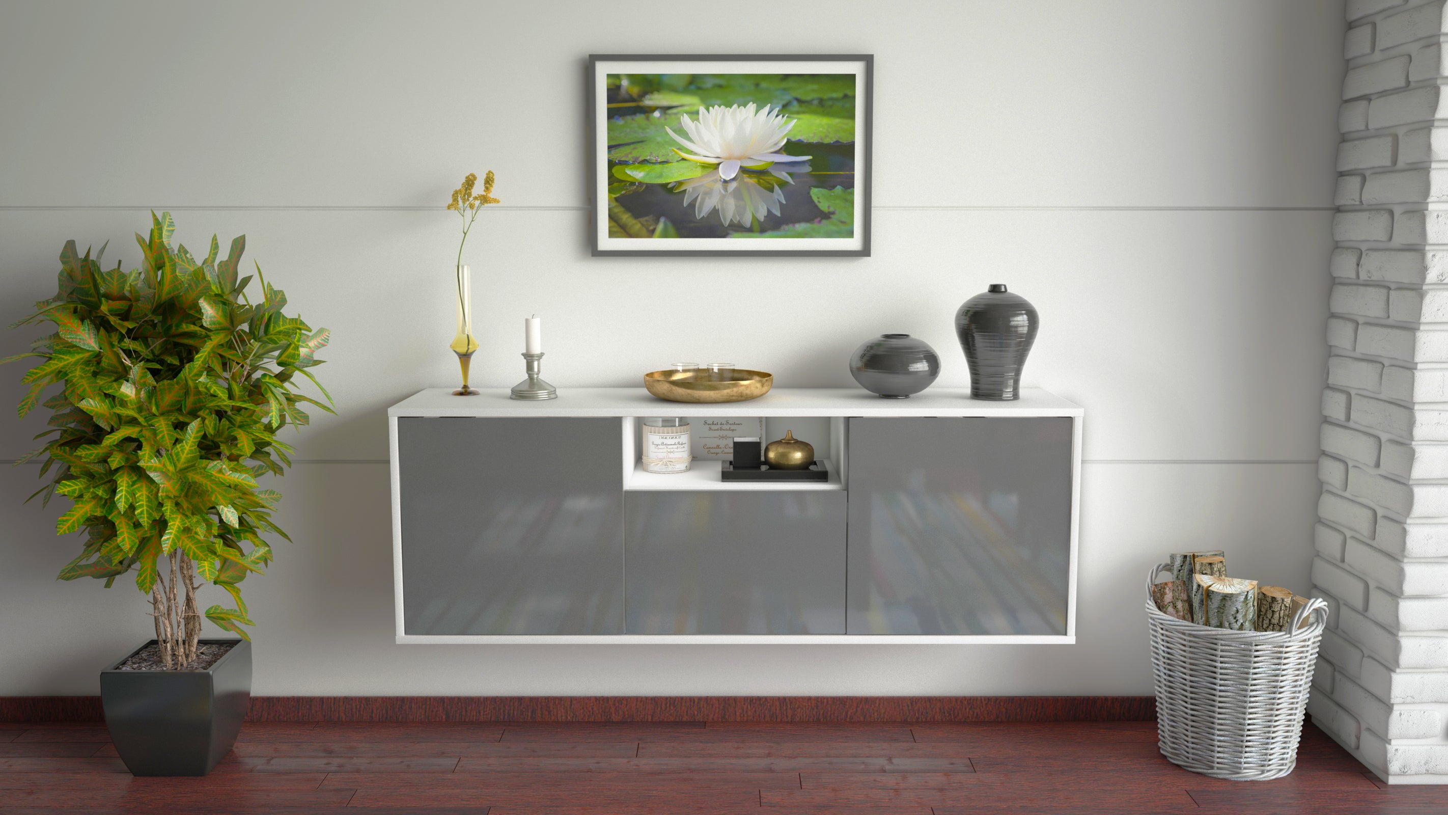 Lowboard - Andrina - Design Hochglanz - Wandmontage mit Push to Open 136 cm Weiss
