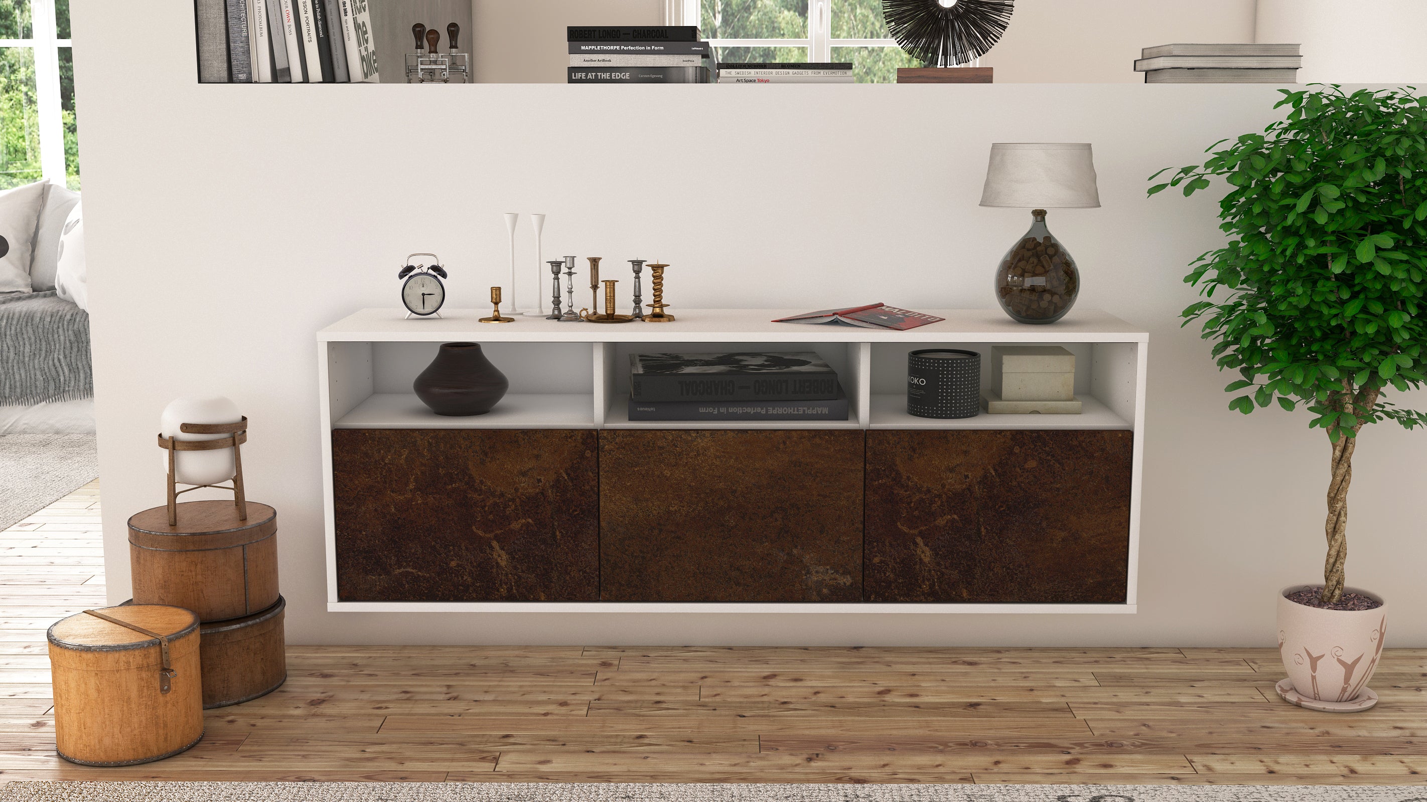Lowboard - Anella - Design Industrie Stil - Wandmontage mit Push to Open 136 cm Weiss