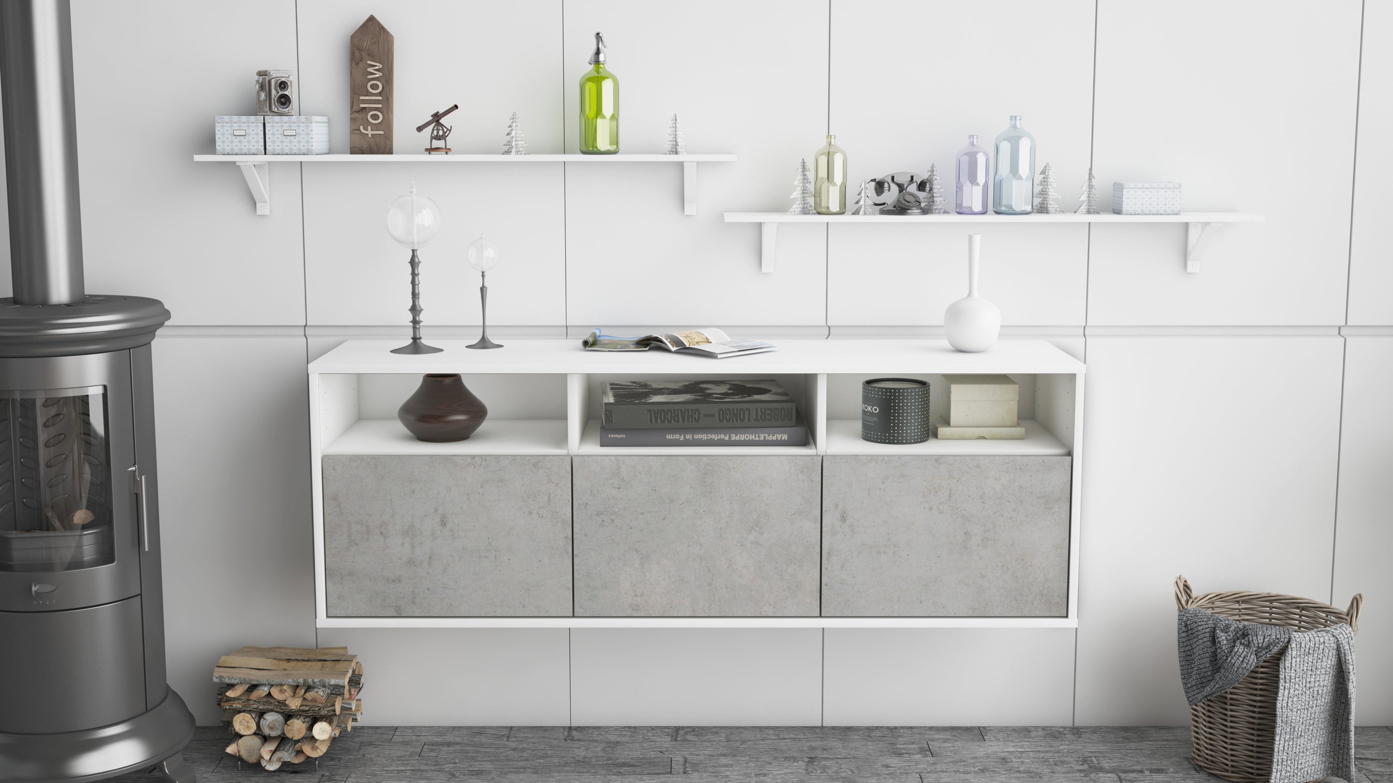 Lowboard - Anella - Design Industrie Stil - Wandmontage mit Push to Open 136 cm Weiss