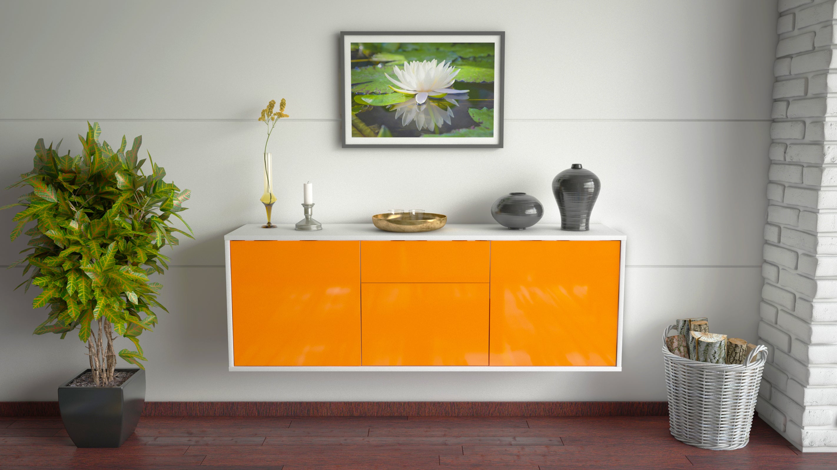 Lowboard - Angela - Design Hochglanz - Wandmontage mit Push to Open 136 cm Weiss
