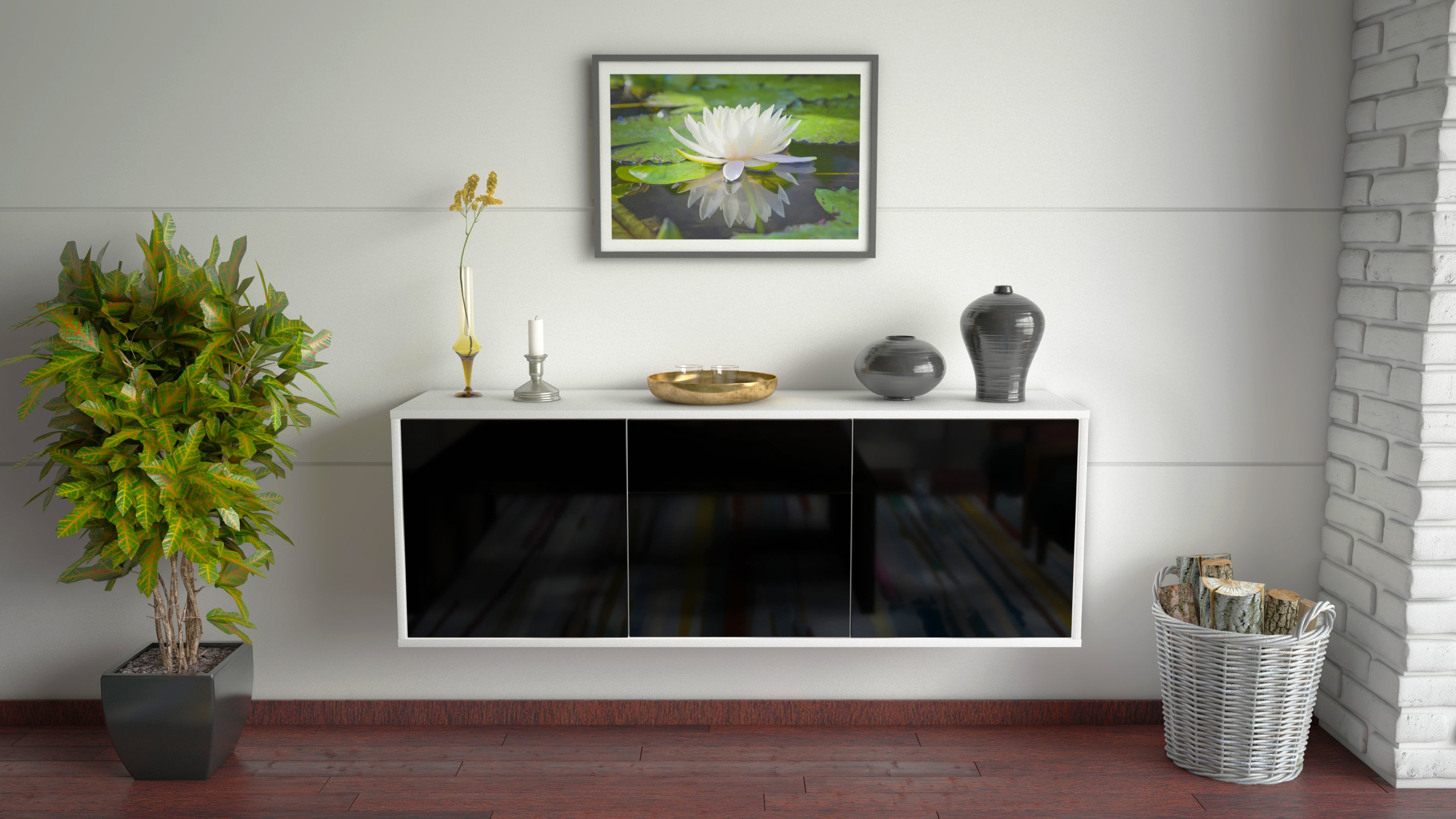 Lowboard - Angela - Design Hochglanz - Wandmontage mit Push to Open 136 cm Weiss