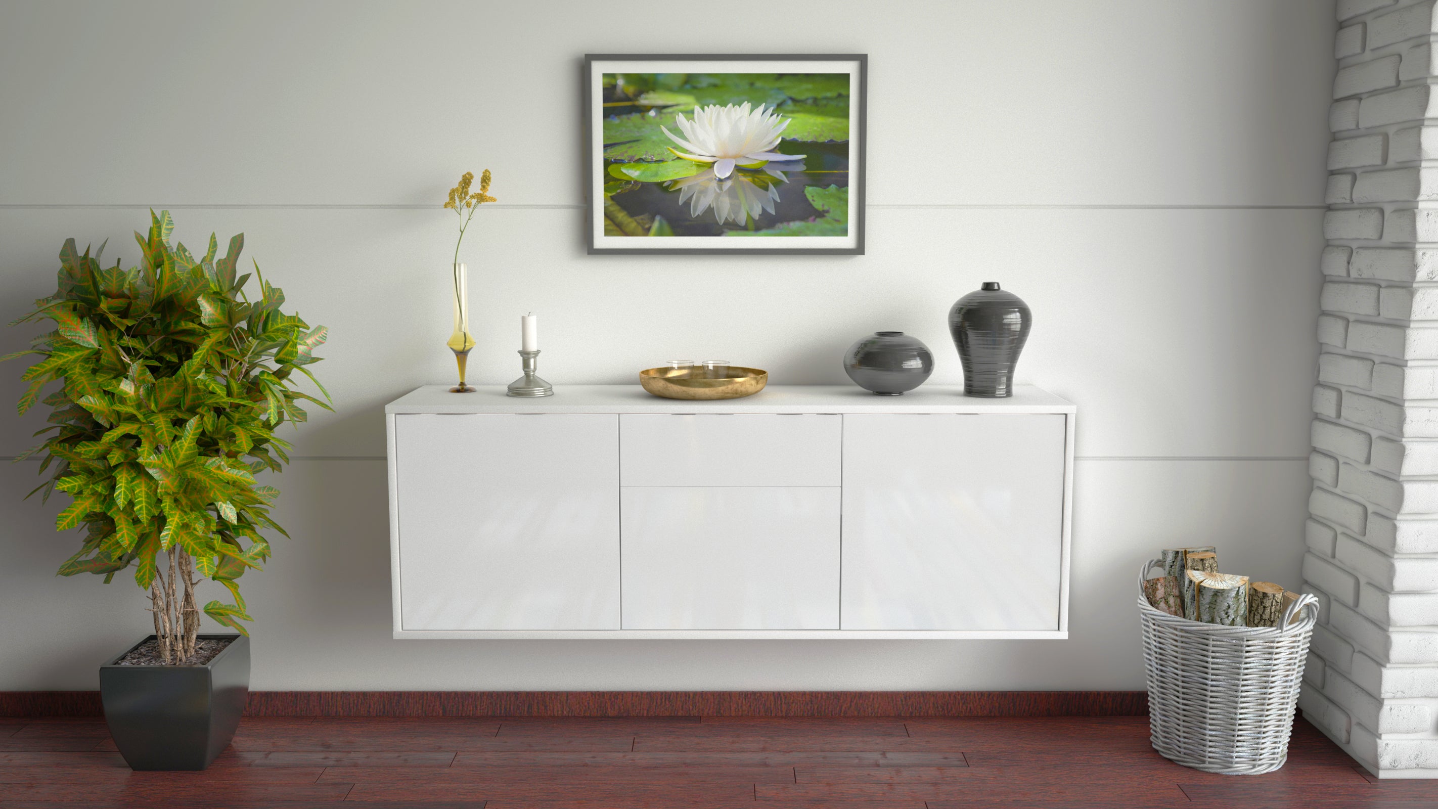 Lowboard - Angela - Design Hochglanz - Wandmontage mit Push to Open 136 cm Weiss