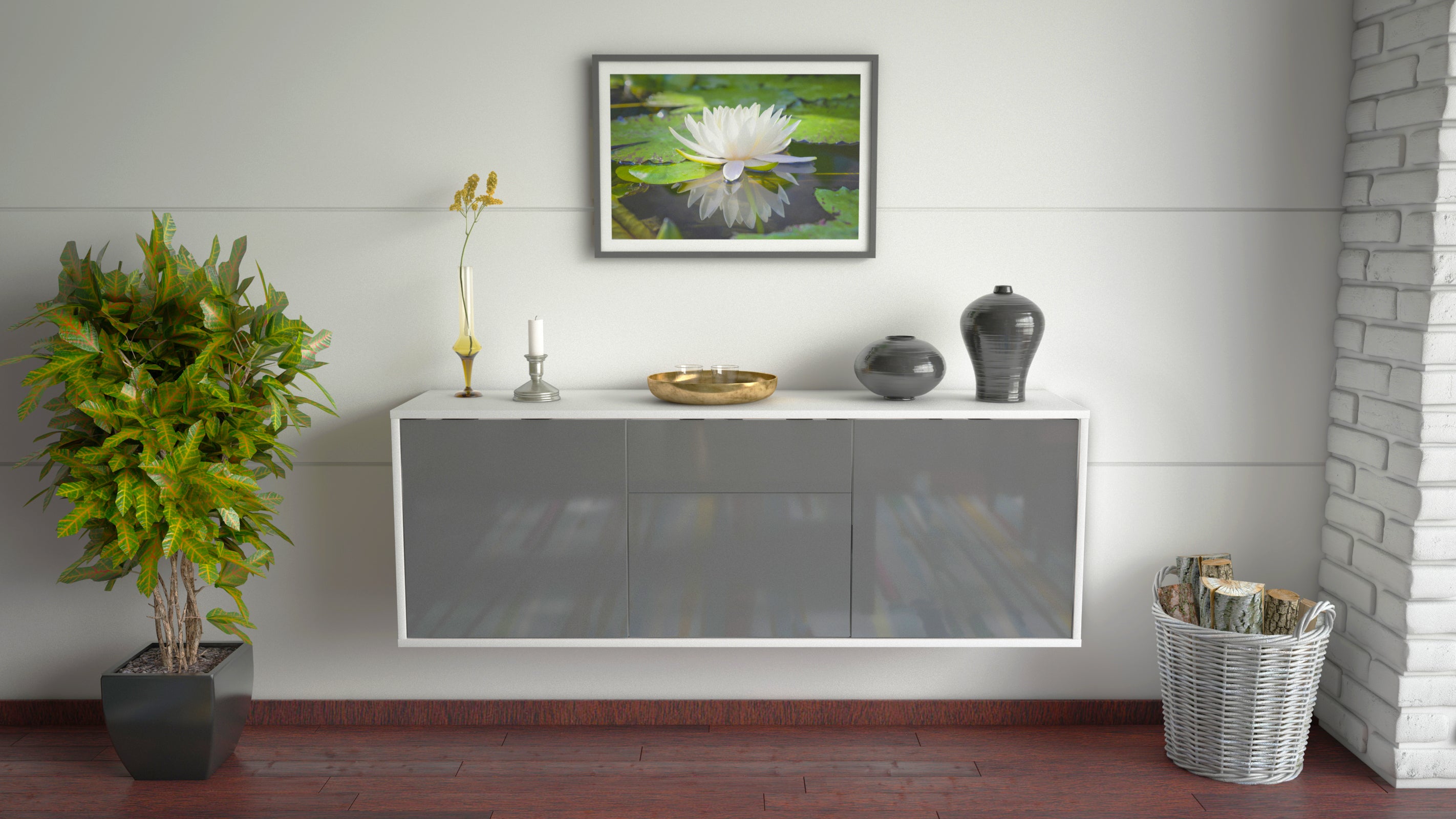 Lowboard - Angela - Design Hochglanz - Wandmontage mit Push to Open 136 cm Weiss