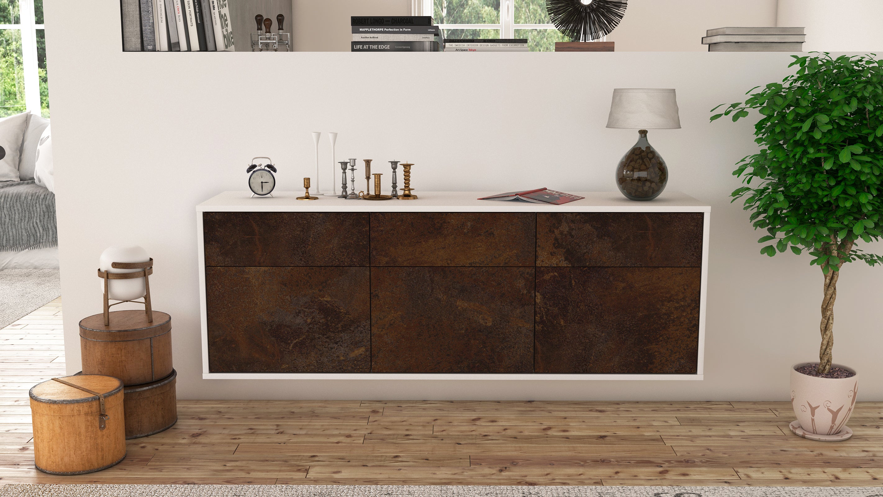 Lowboard - Angelina - Design Industrie Stil - Wandmontage mit Push to Open 136 cm Weiss