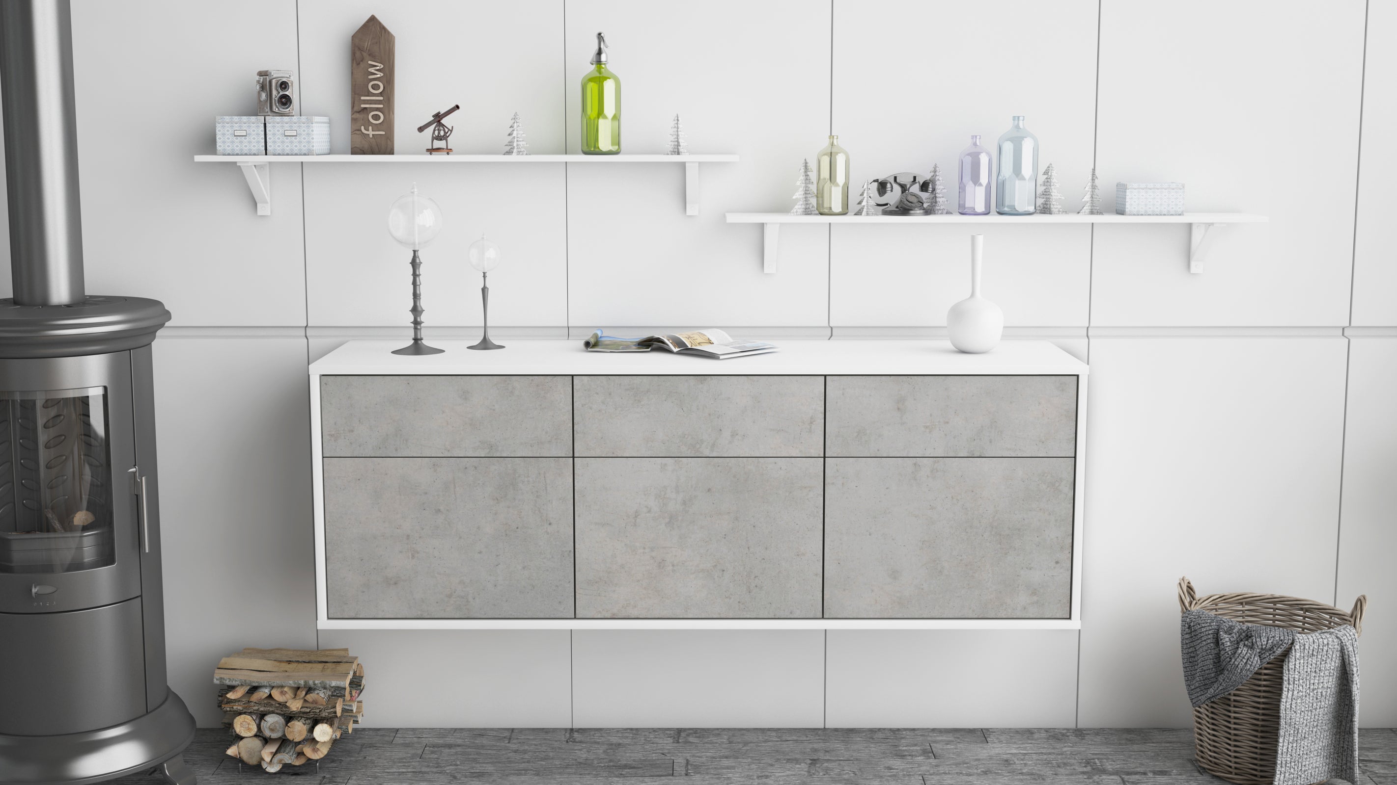 Lowboard - Angelina - Design Industrie Stil - Wandmontage mit Push to Open 136 cm Weiss