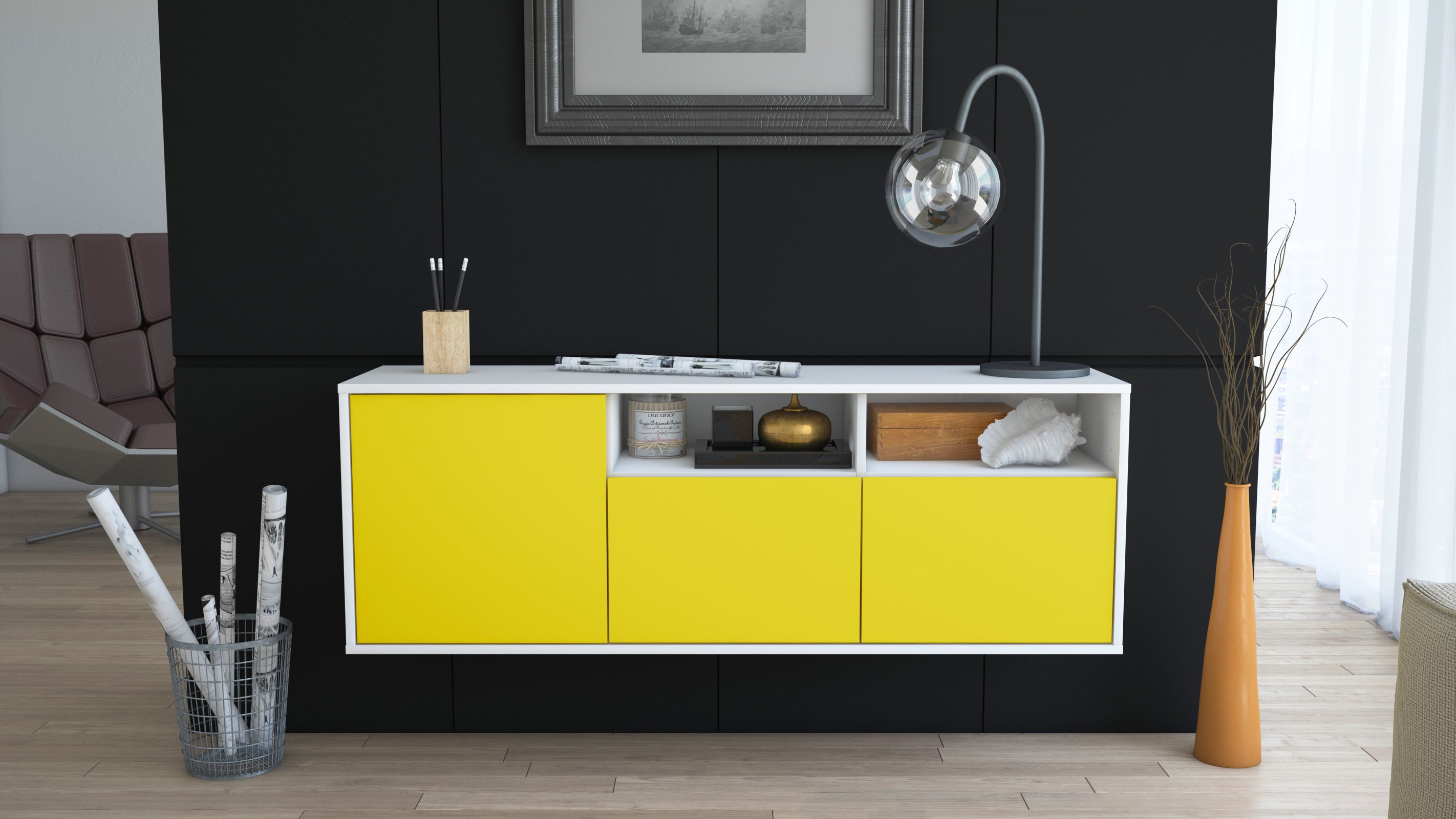 Lowboard - Anina - Design Farbakzent - Wandmontage mit Push to Open 136 cm Weiss