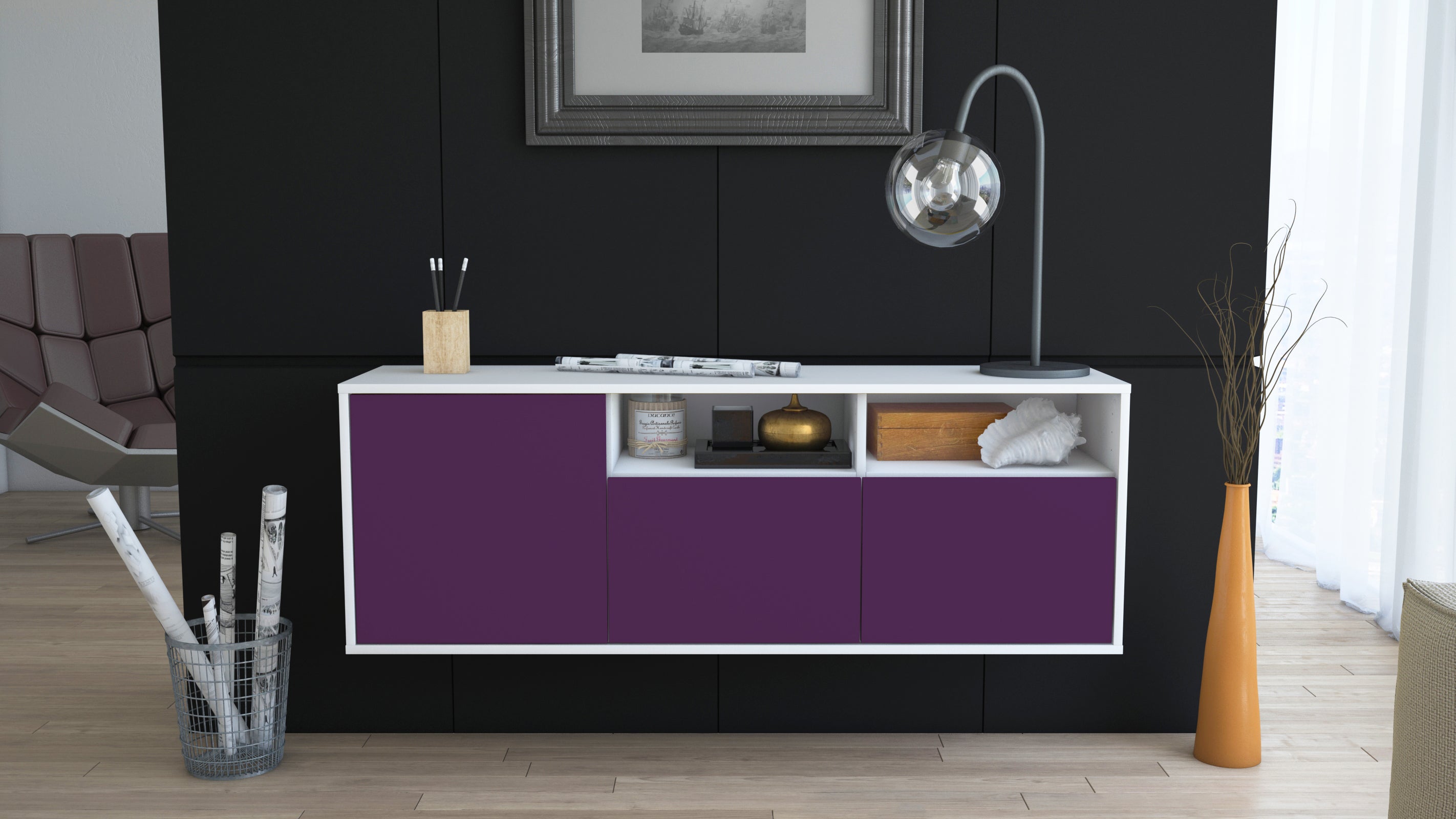Lowboard - Anina - Design Farbakzent - Wandmontage mit Push to Open 136 cm Weiss