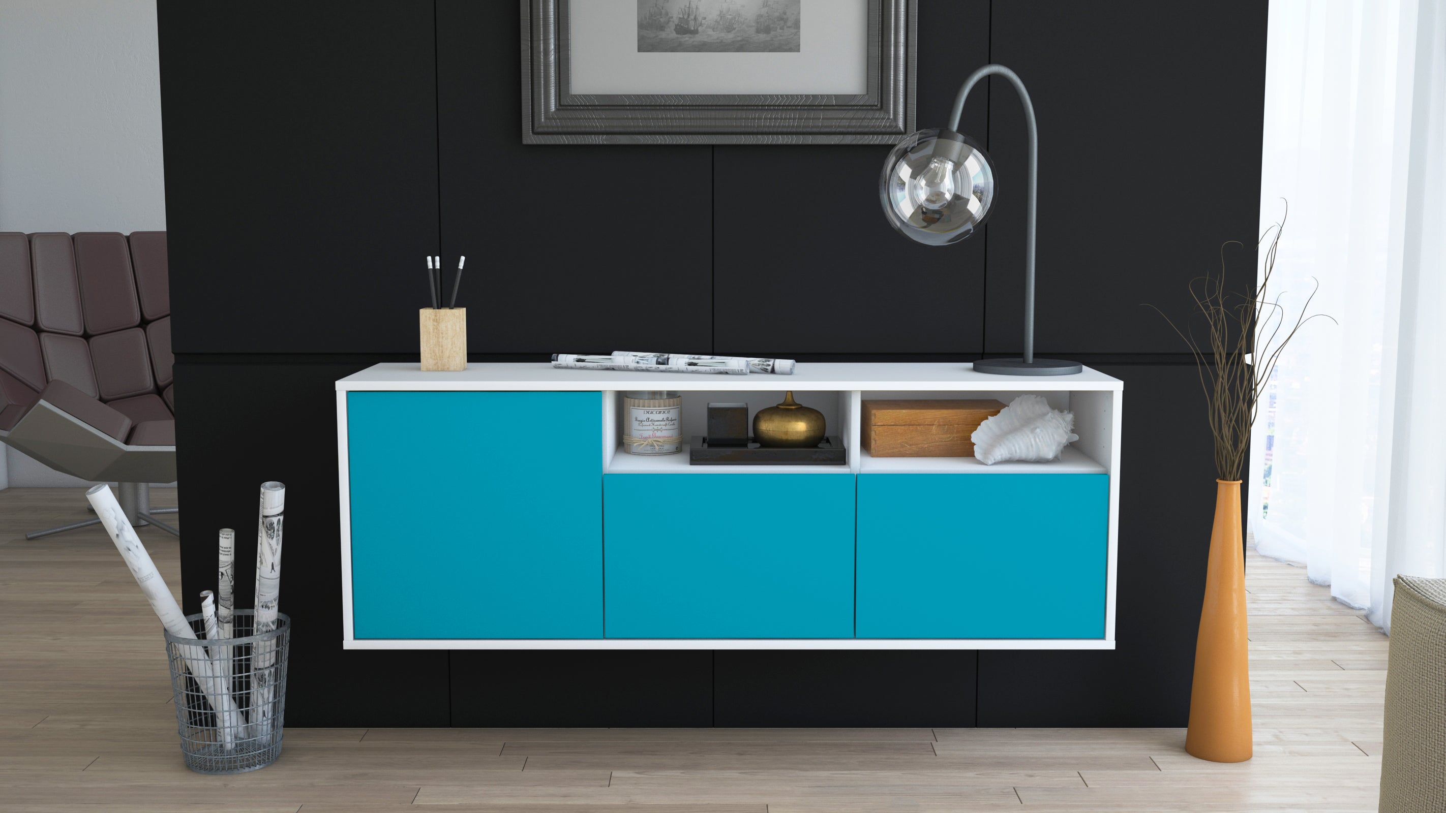 Lowboard - Anina - Design Farbakzent - Wandmontage mit Push to Open 136 cm Weiss