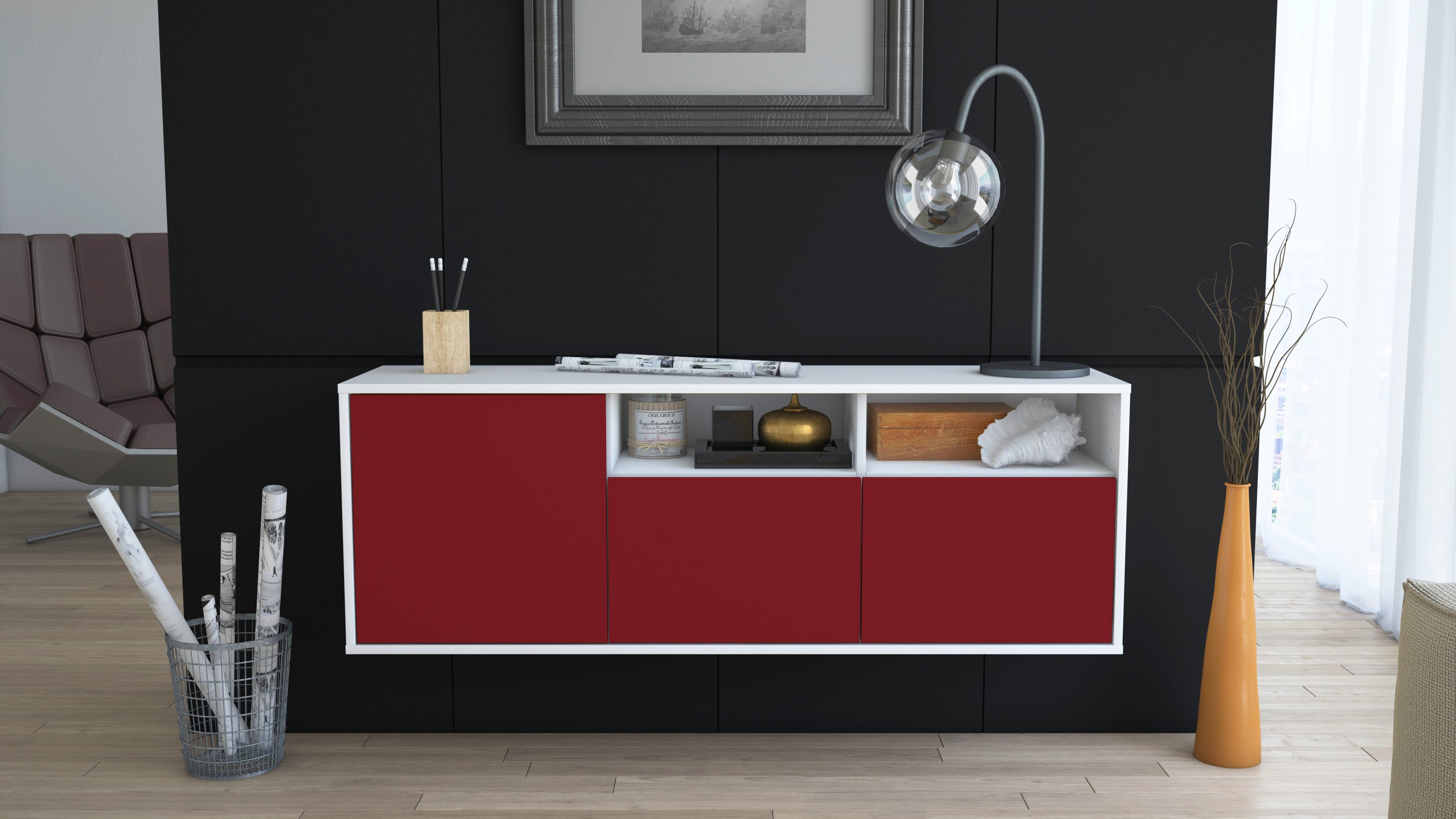 Lowboard - Anina - Design Farbakzent - Wandmontage mit Push to Open 136 cm Weiss