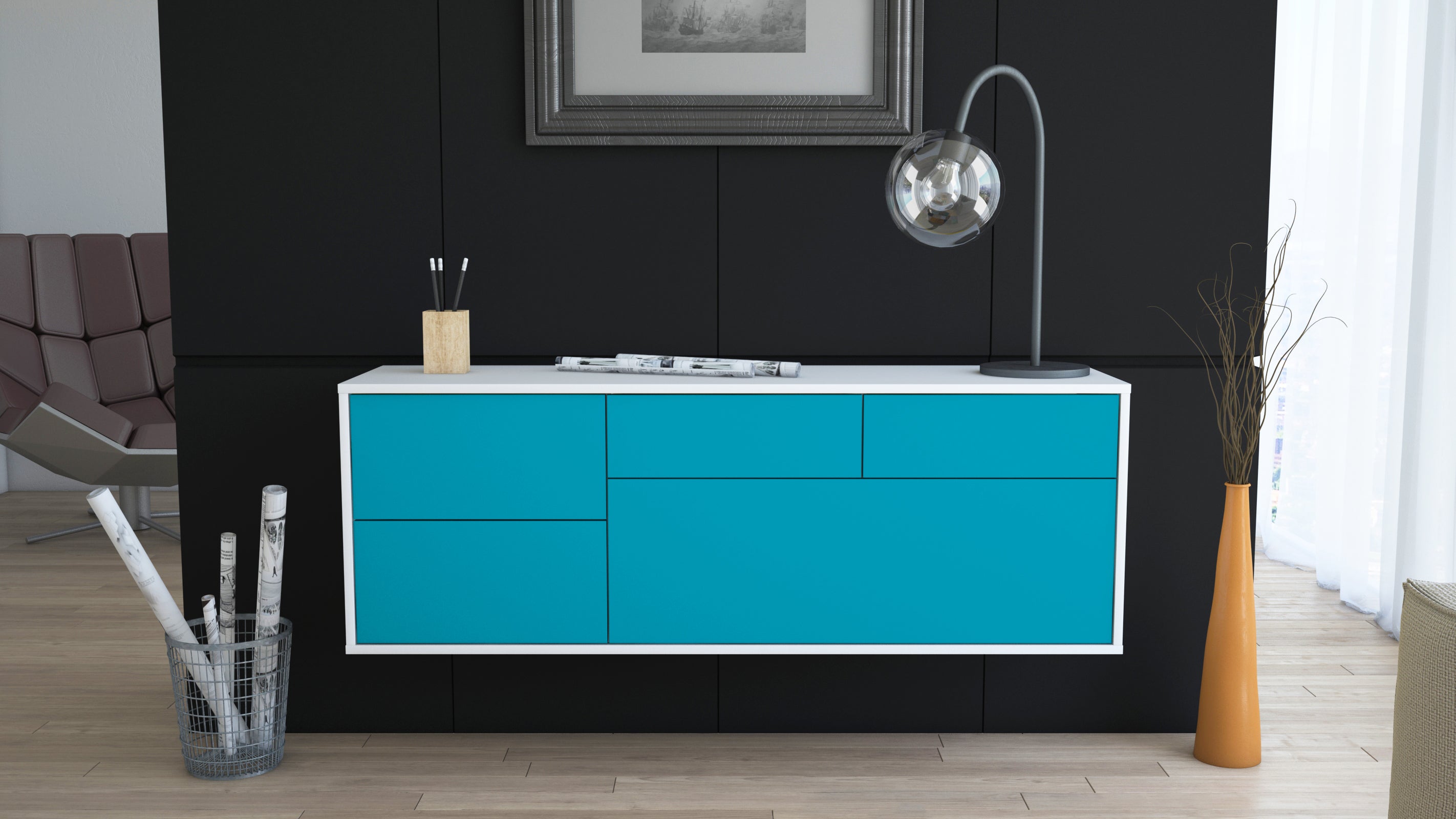 Lowboard - Annabell - Design Farbakzent - Wandmontage mit Push to Open 136 cm Weiss