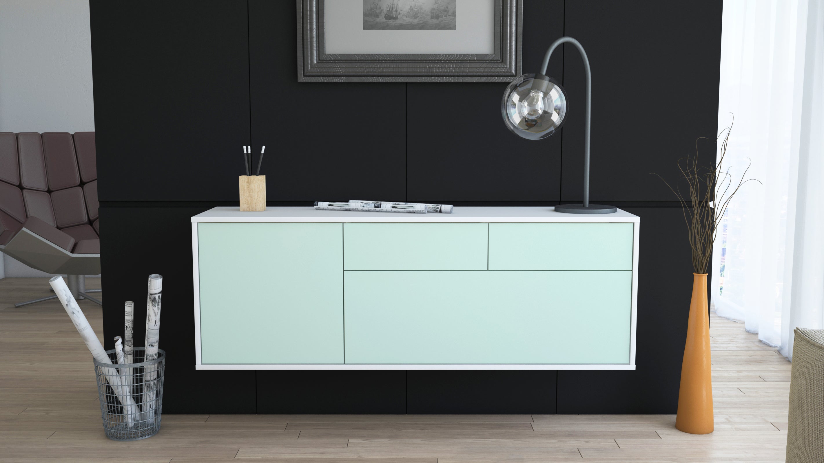 Lowboard - Annalena - Design Farbakzent - Wandmontage mit Push to Open 136 cm Weiss