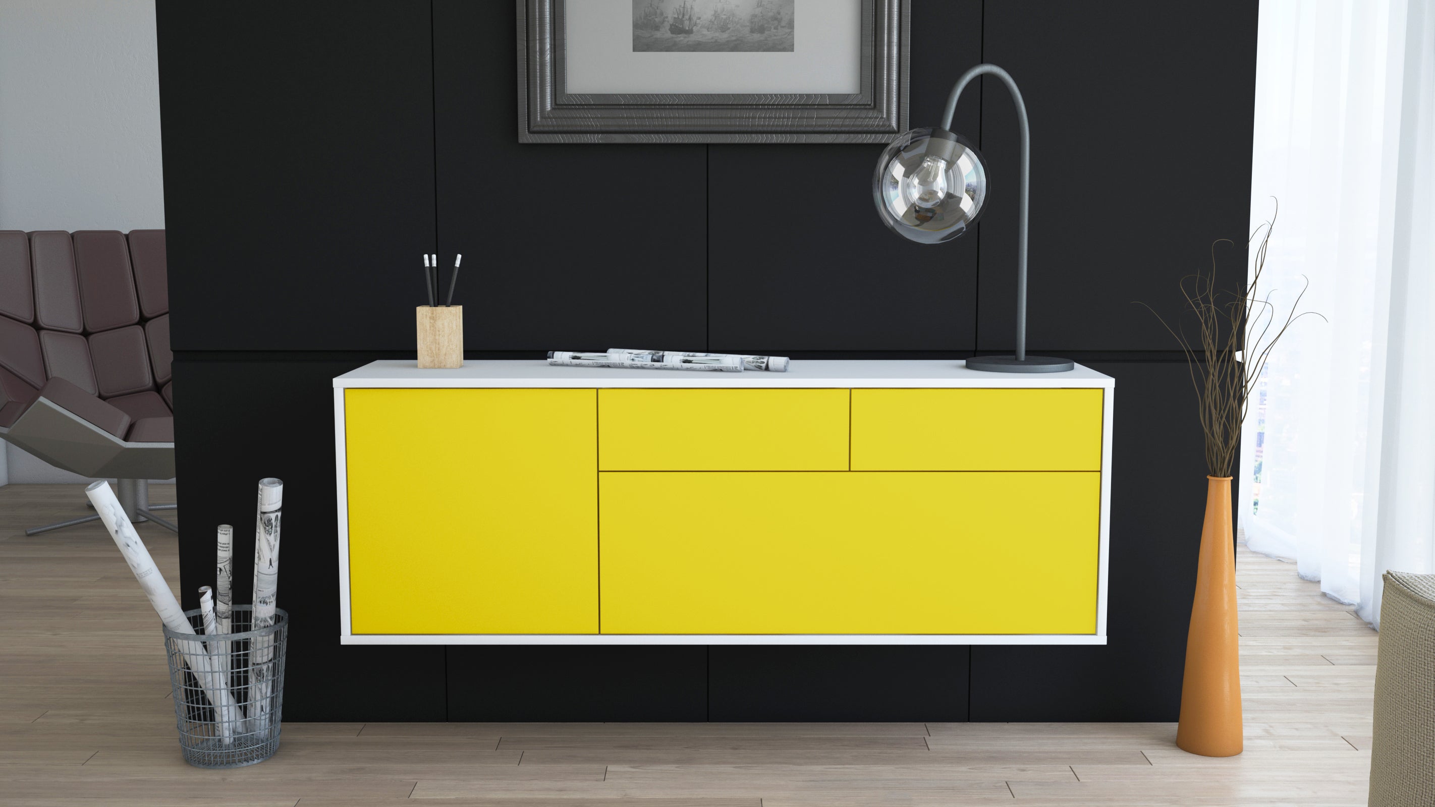 Lowboard - Annalena - Design Farbakzent - Wandmontage mit Push to Open 136 cm Weiss