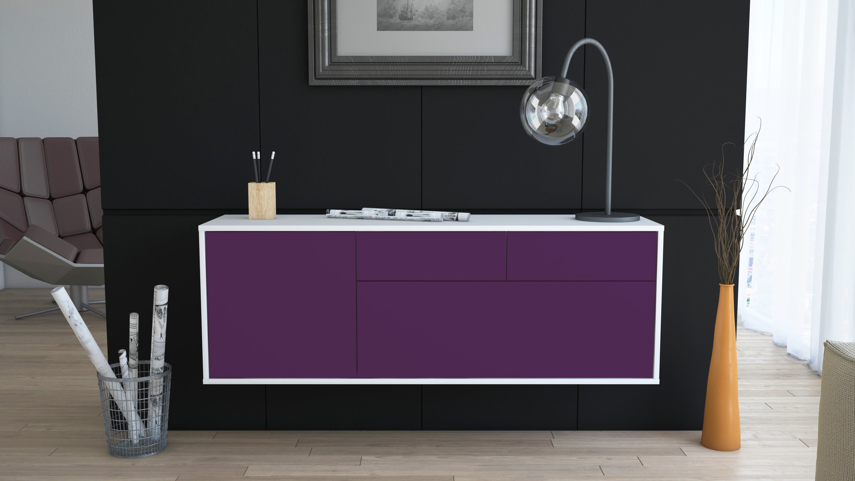 Lowboard - Annalena - Design Farbakzent - Wandmontage mit Push to Open 136 cm Weiss