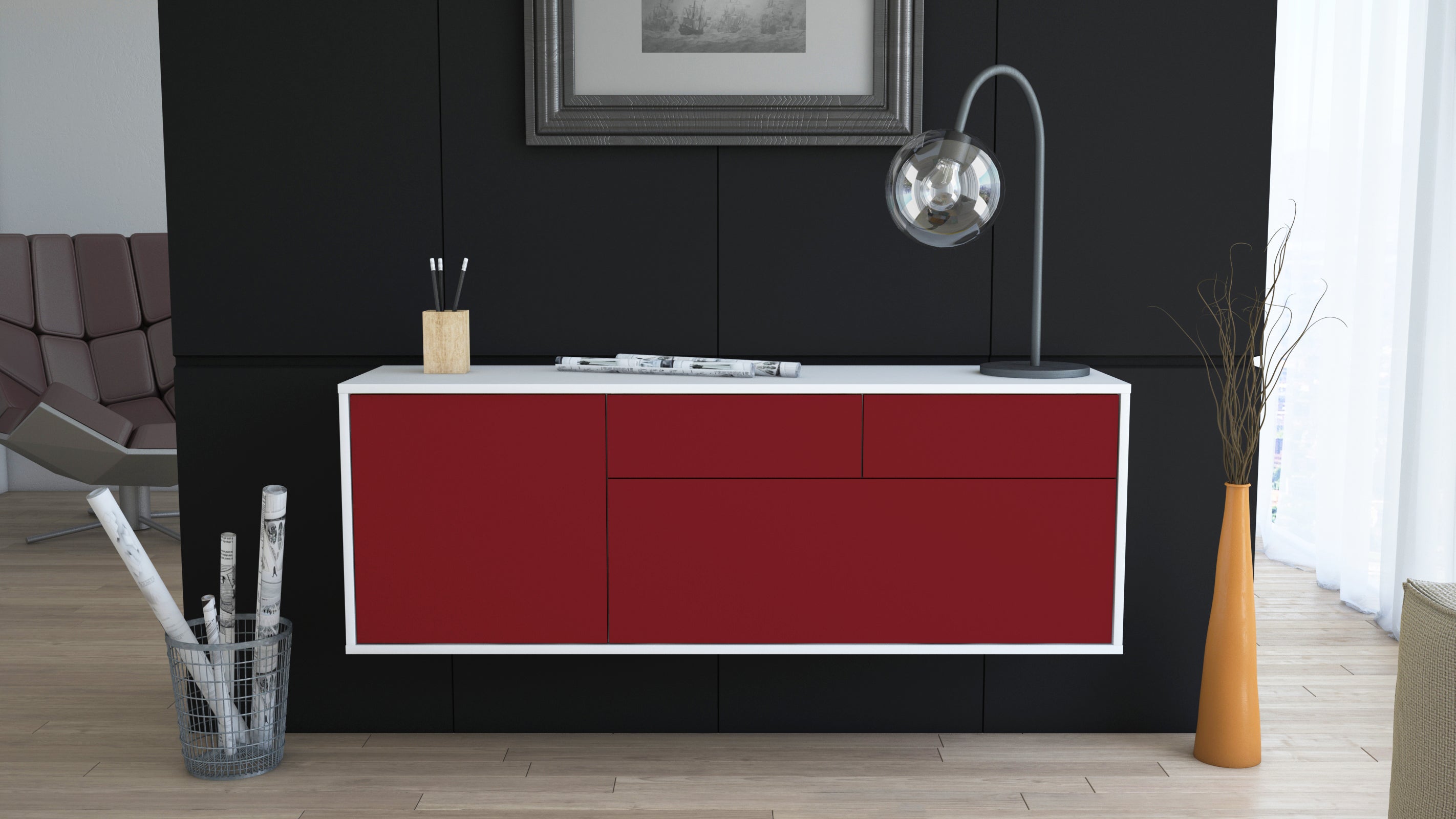 Lowboard - Annalena - Design Farbakzent - Wandmontage mit Push to Open 136 cm Weiss