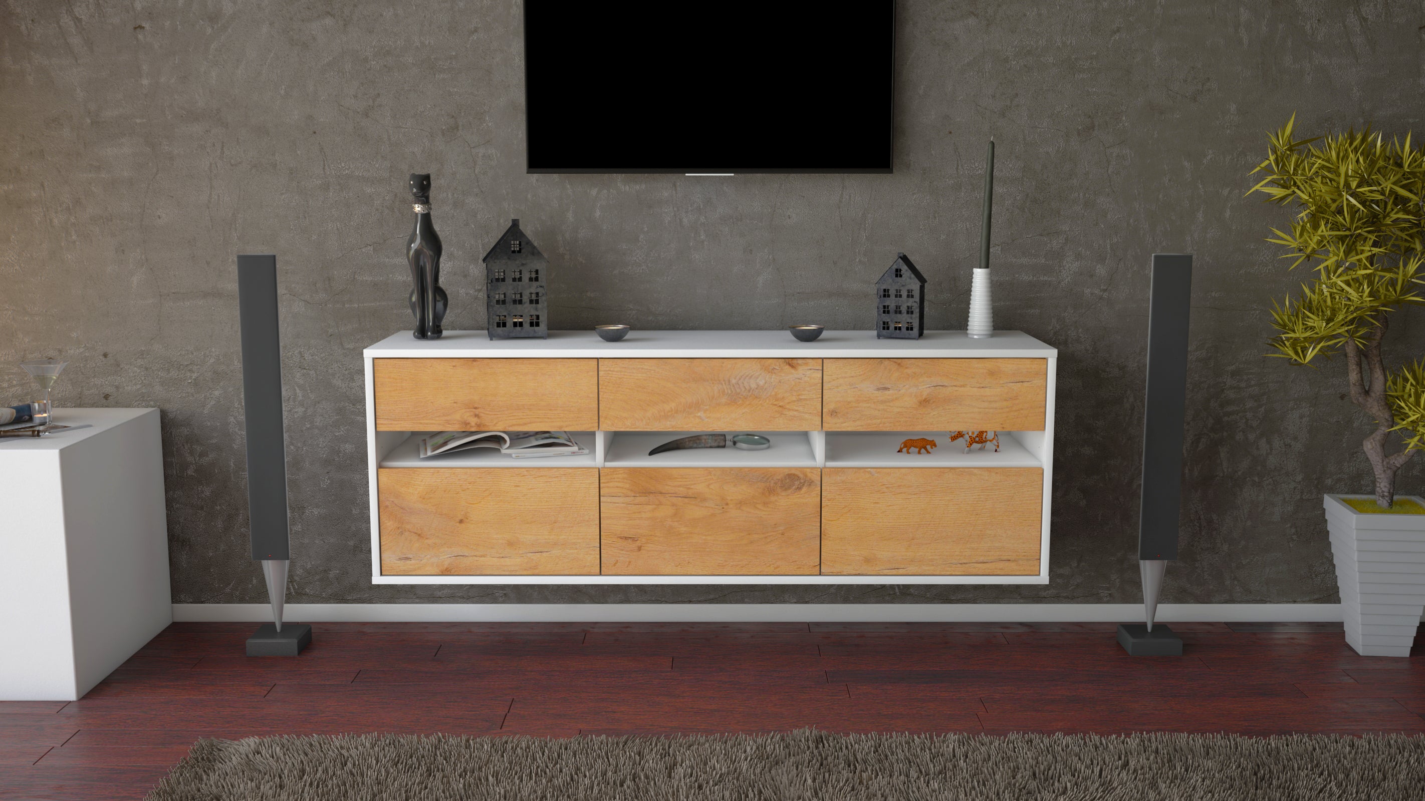 Lowboard - Annalisa - Design Holzdekor - Wandmontage mit Push to Open 136 cm Weiss