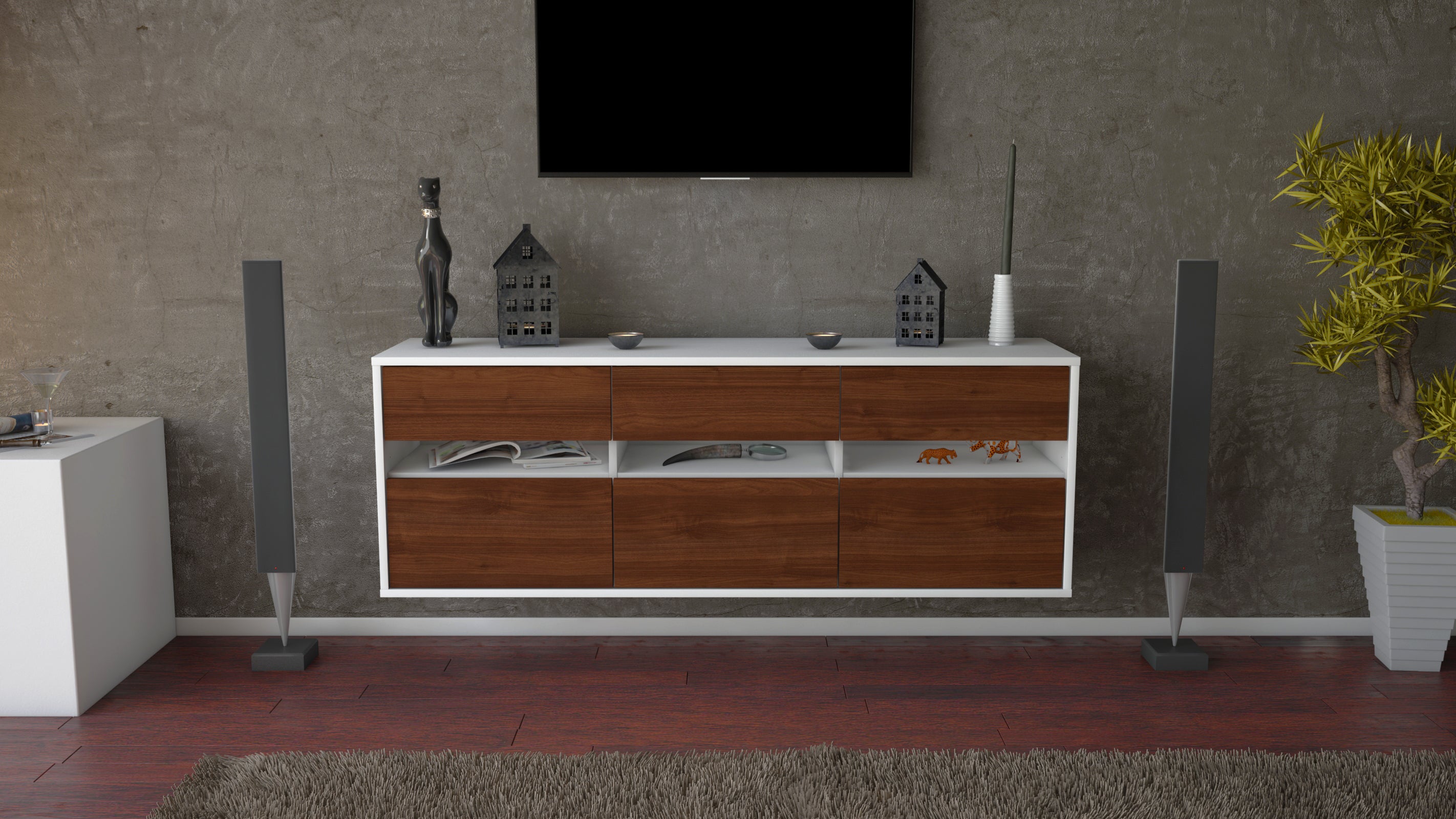 Lowboard - Annalisa - Design Holzdekor - Wandmontage mit Push to Open 136 cm Weiss