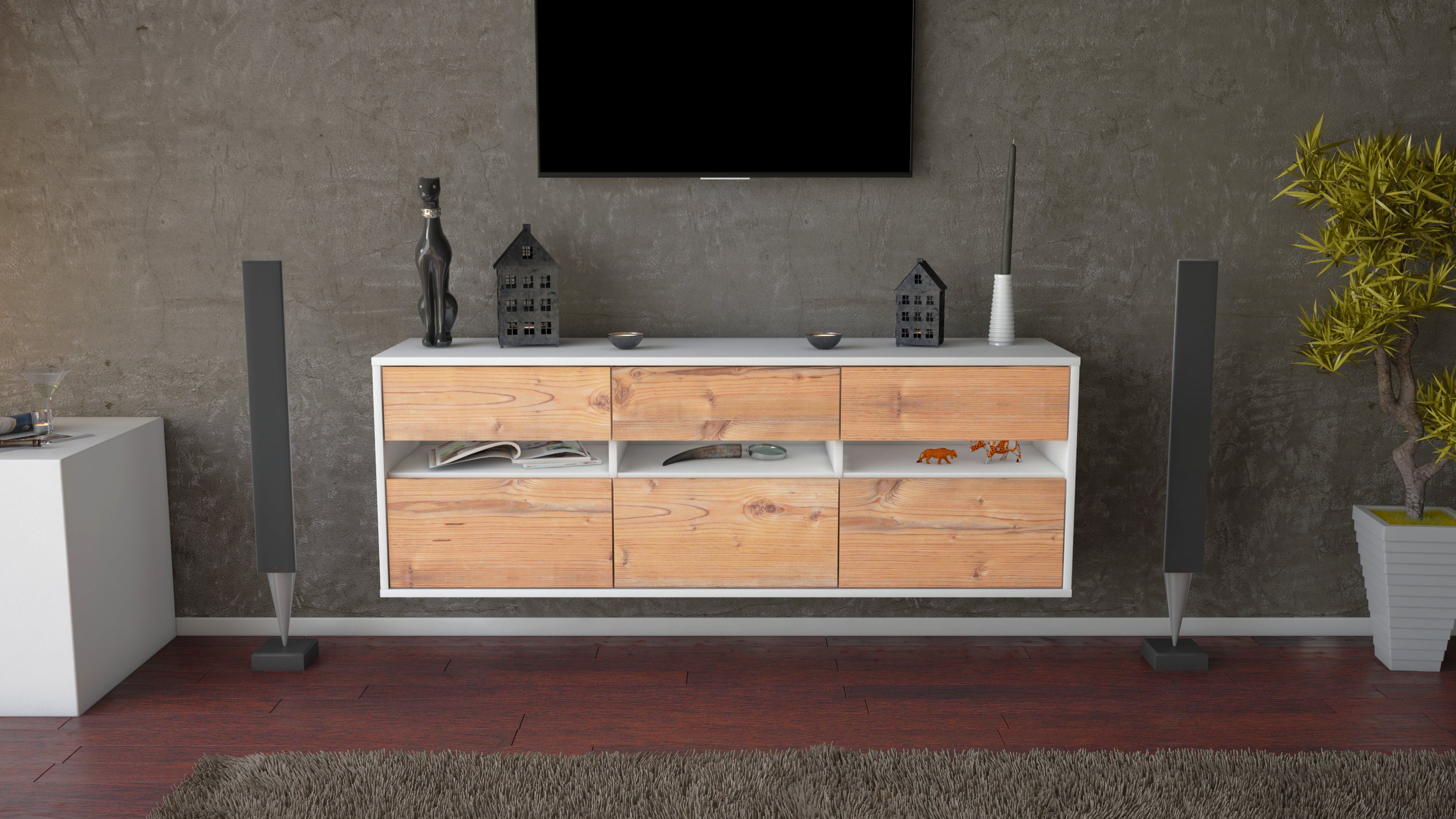 Lowboard - Annalisa - Design Holzdekor - Wandmontage mit Push to Open 136 cm Weiss