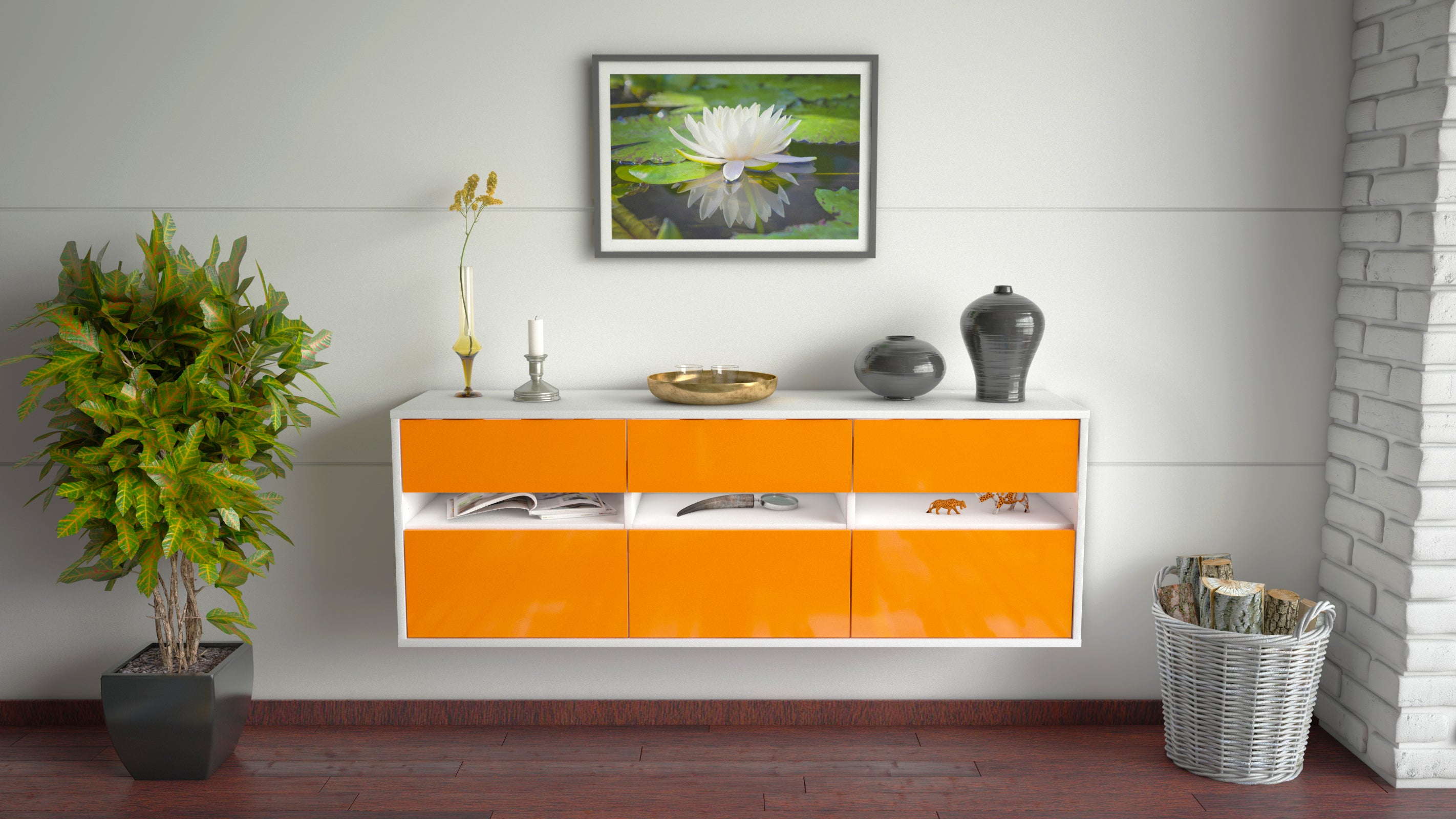 Lowboard - Annalisa - Design Hochglanz - Wandmontage mit Push to Open 136 cm Weiss