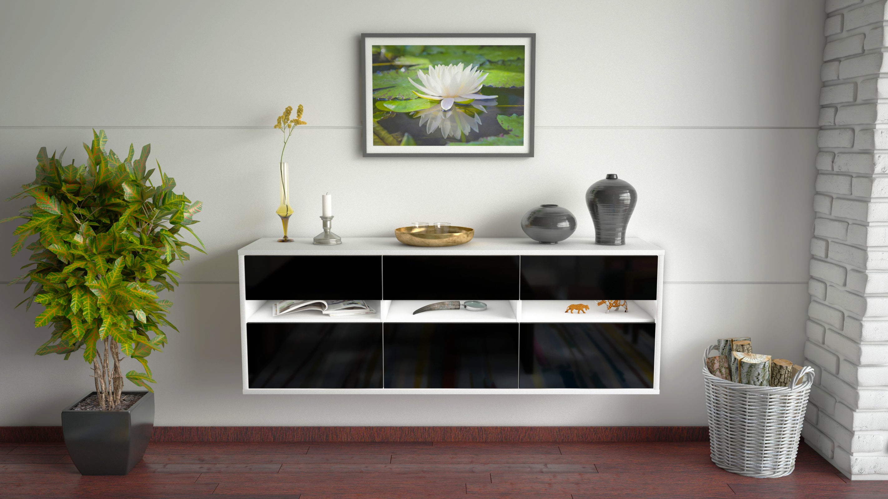 Lowboard - Annalisa - Design Hochglanz - Wandmontage mit Push to Open 136 cm Weiss