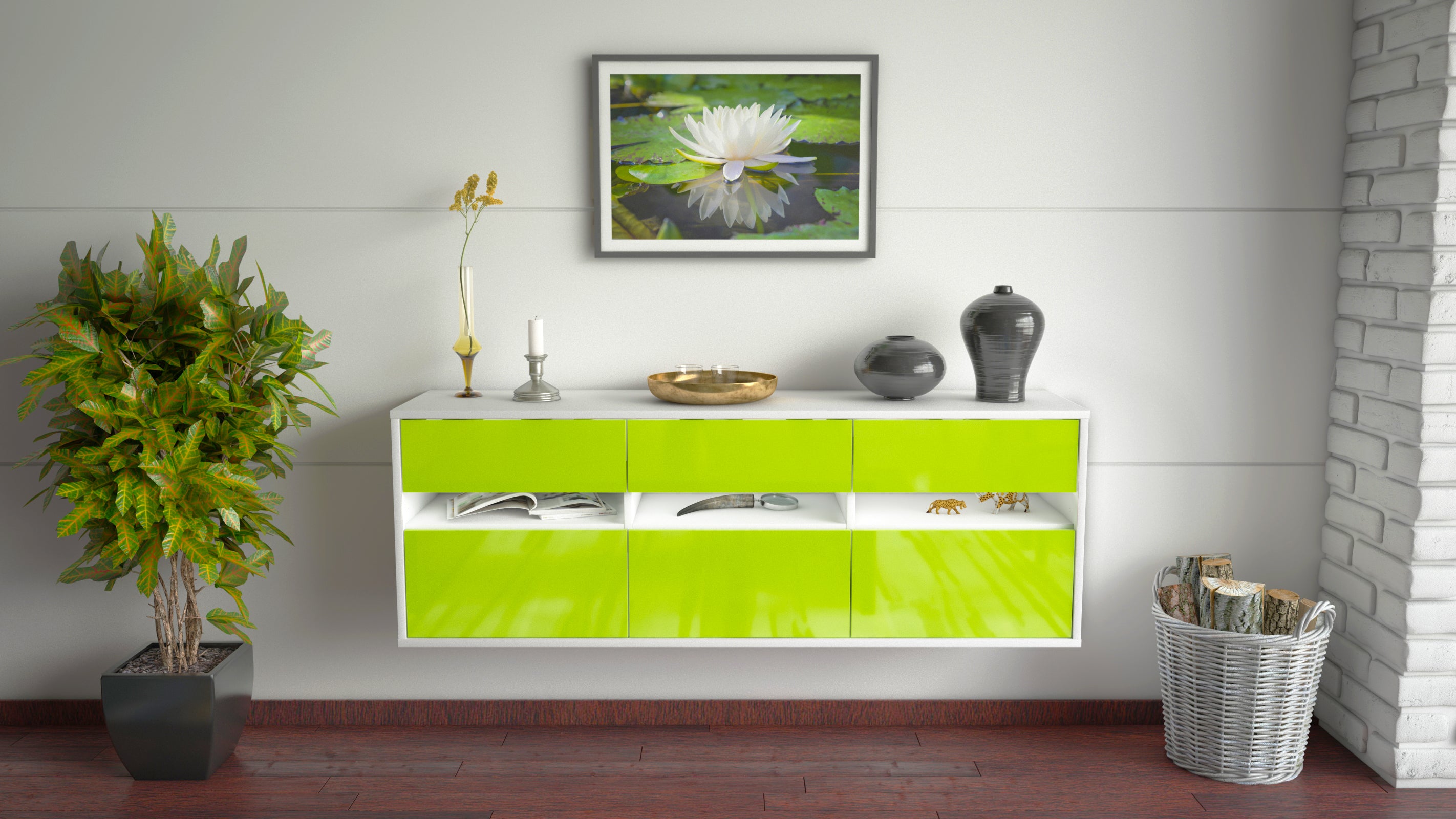 Lowboard - Annalisa - Design Hochglanz - Wandmontage mit Push to Open 136 cm Weiss