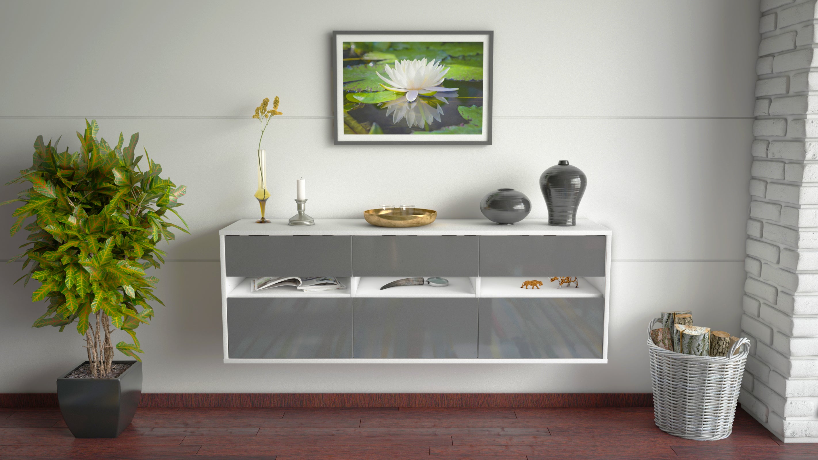 Lowboard - Annalisa - Design Hochglanz - Wandmontage mit Push to Open 136 cm Weiss