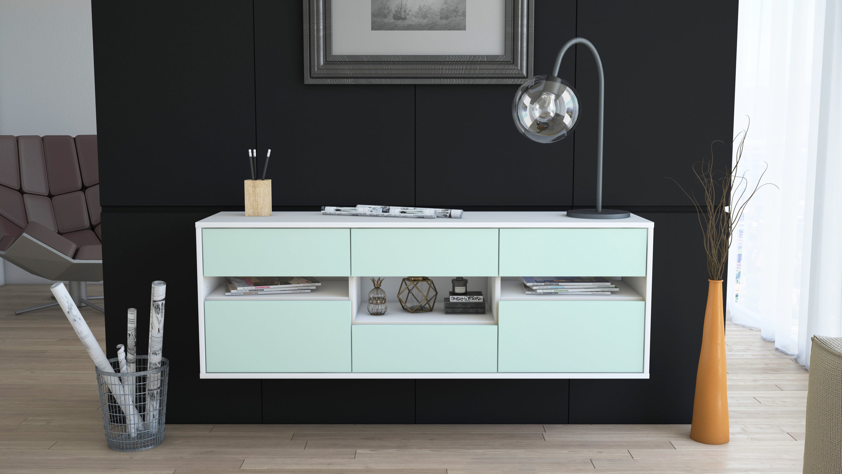Lowboard - Anni - Design Farbakzent - Wandmontage mit Push to Open 136 cm Weiss
