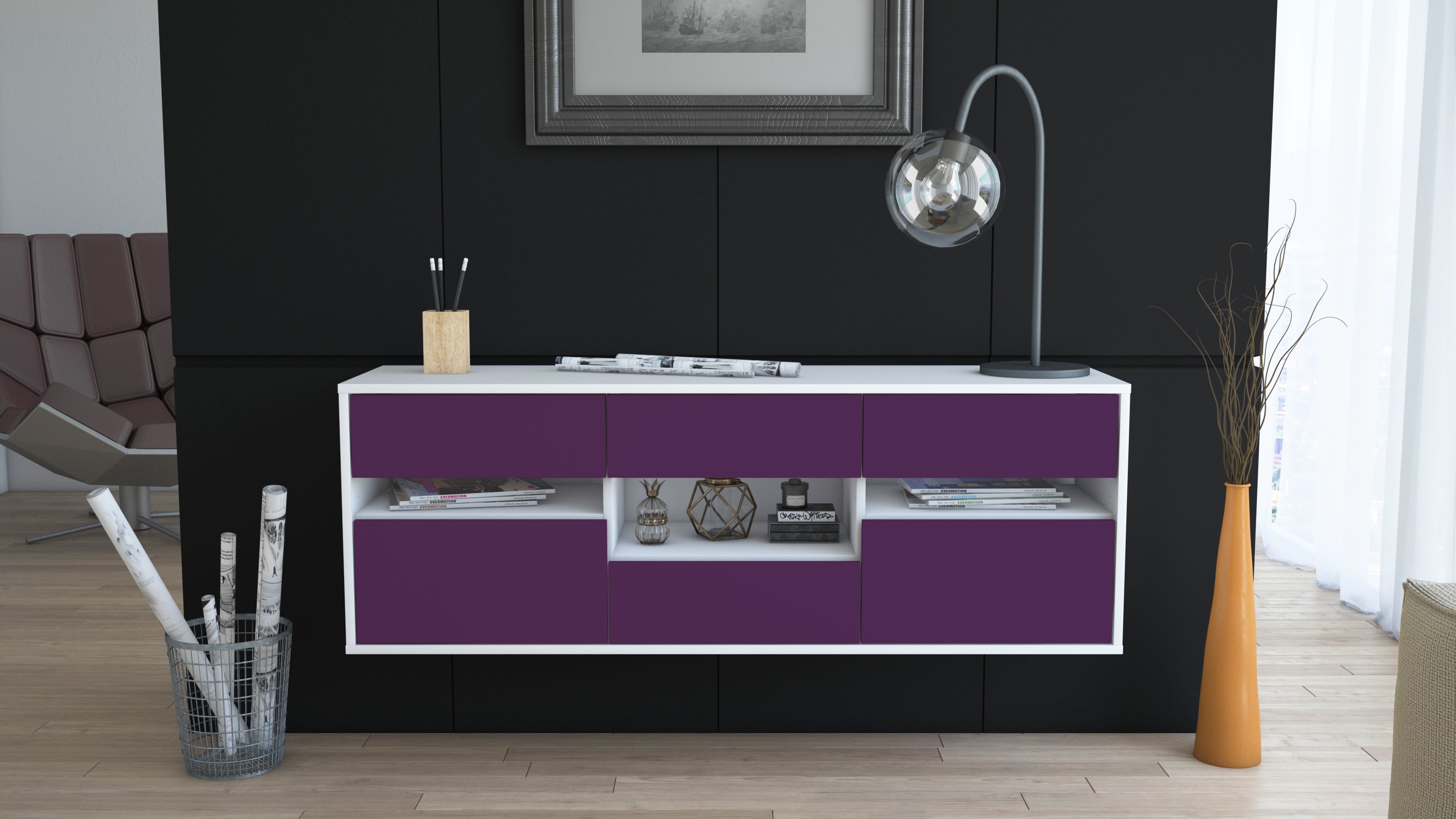 Lowboard - Anni - Design Farbakzent - Wandmontage mit Push to Open 136 cm Weiss