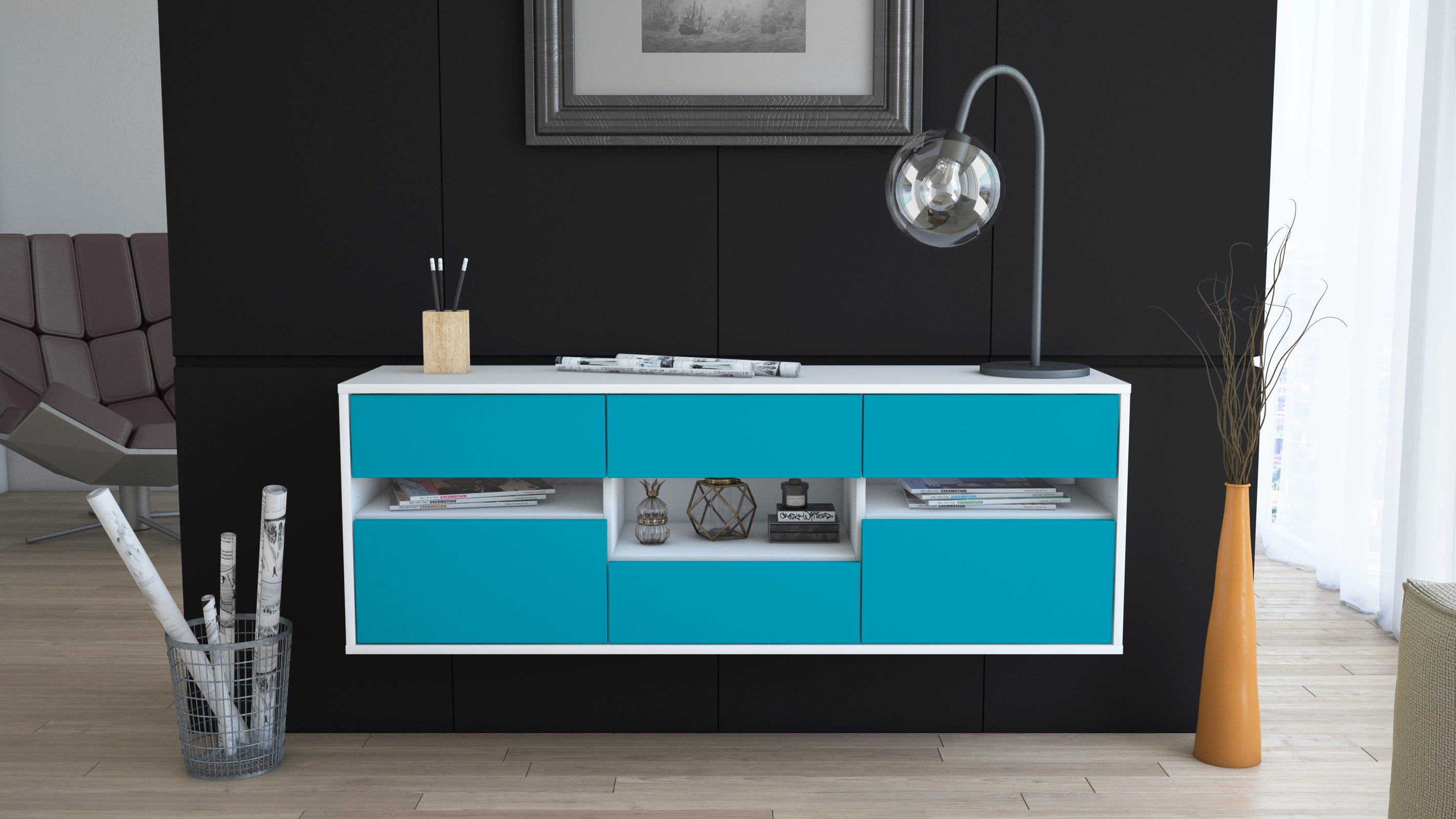 Lowboard - Anni - Design Farbakzent - Wandmontage mit Push to Open 136 cm Weiss