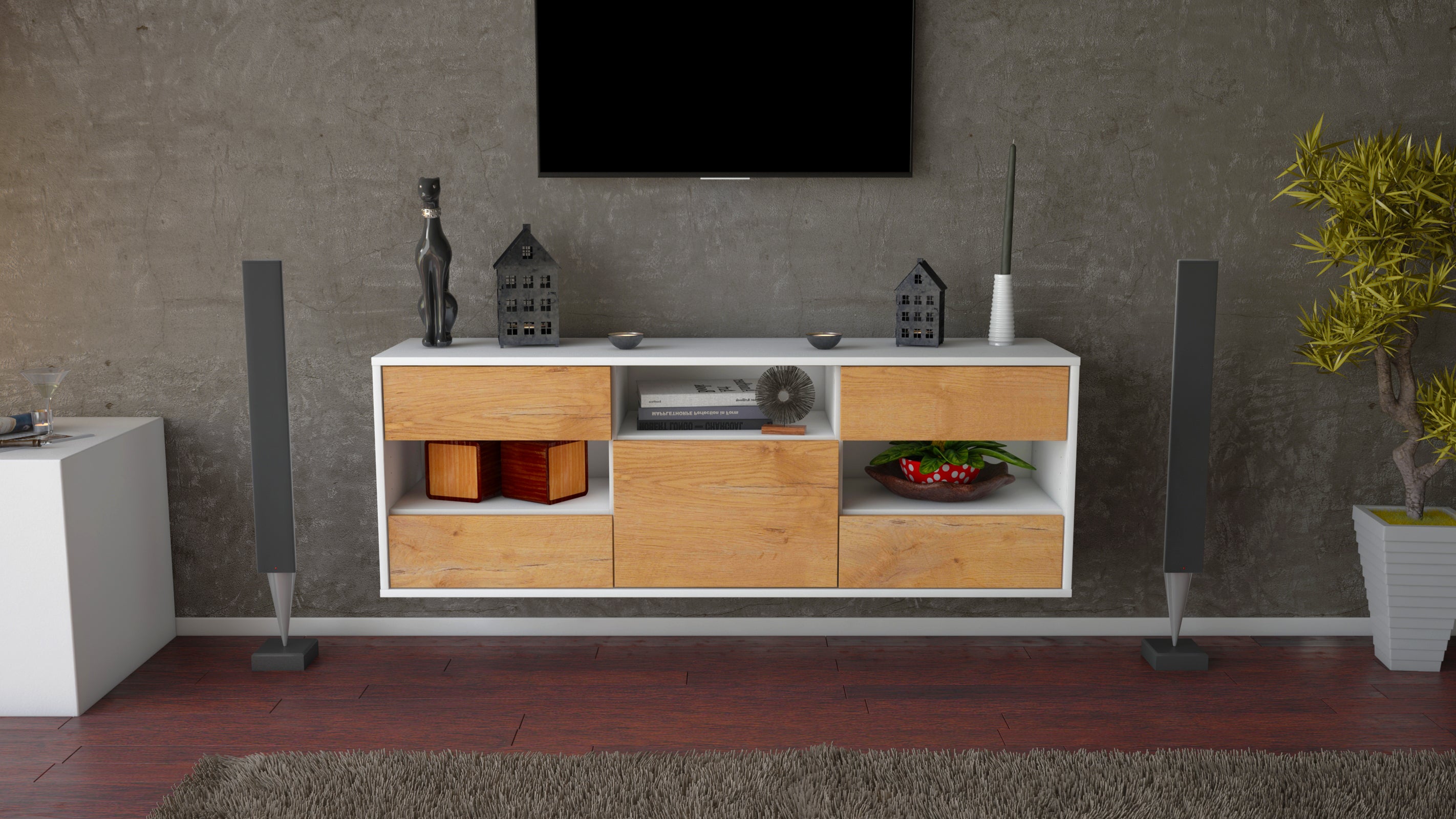 Lowboard - Annunziata - Design Holzdekor - Wandmontage mit Push to Open 136 cm Weiss