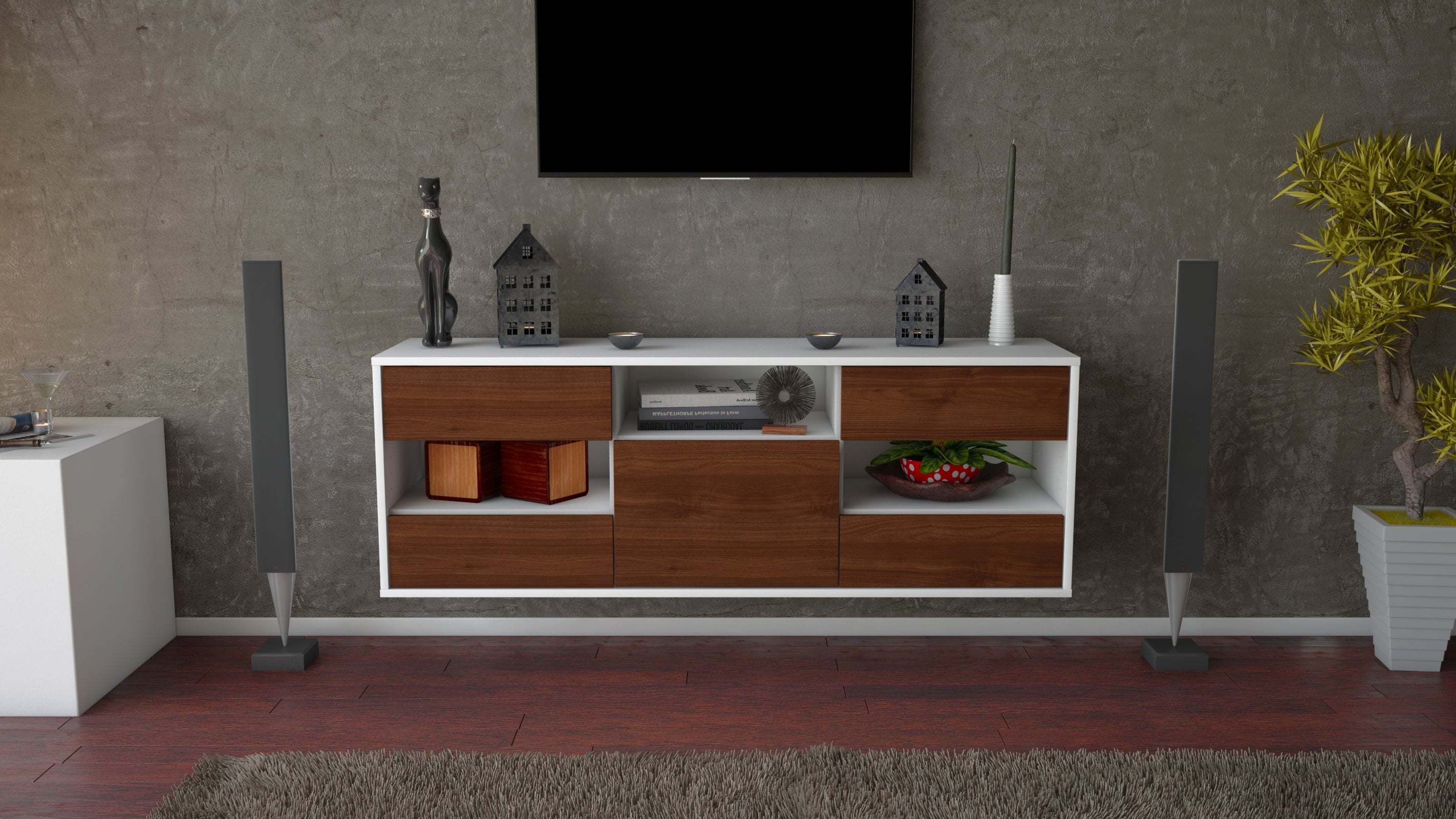 Lowboard - Annunziata - Design Holzdekor - Wandmontage mit Push to Open 136 cm Weiss
