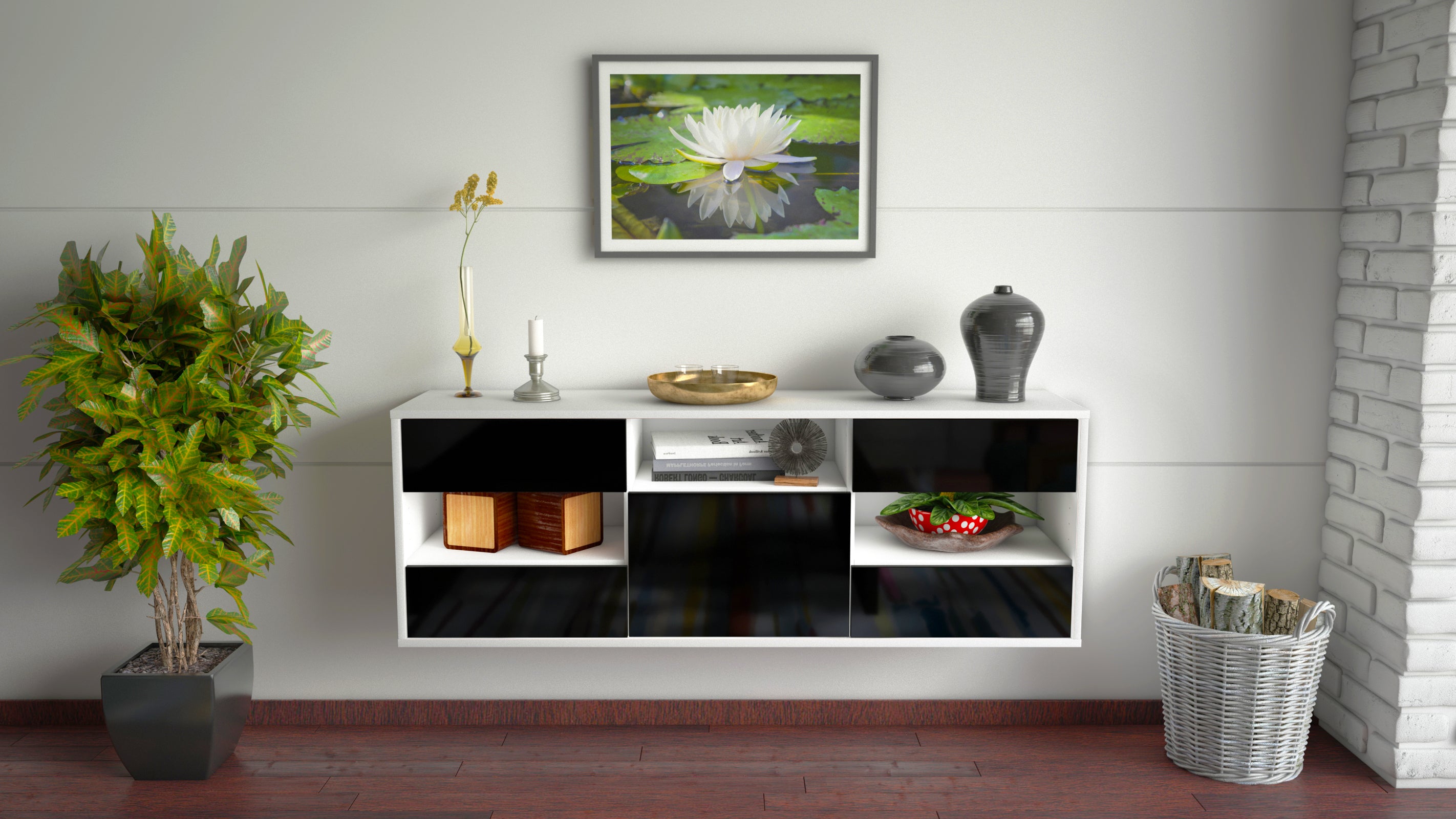 Lowboard - Annunziata - Design Hochglanz - Wandmontage mit Push to Open 136 cm Weiss
