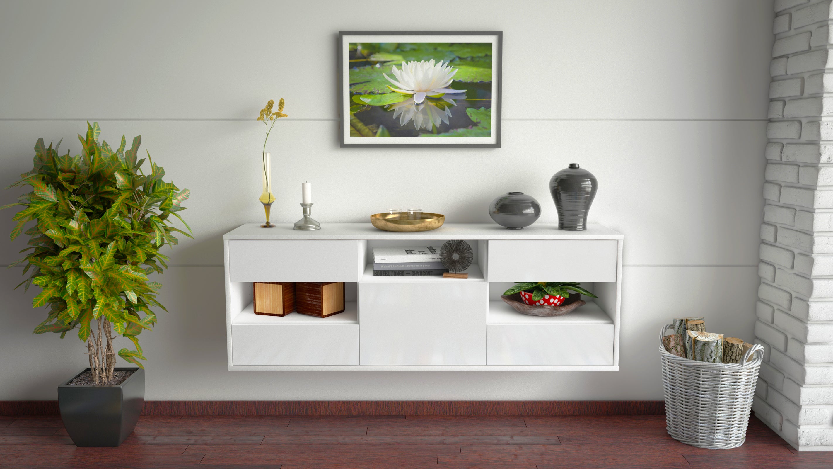 Lowboard - Annunziata - Design Hochglanz - Wandmontage mit Push to Open 136 cm Weiss