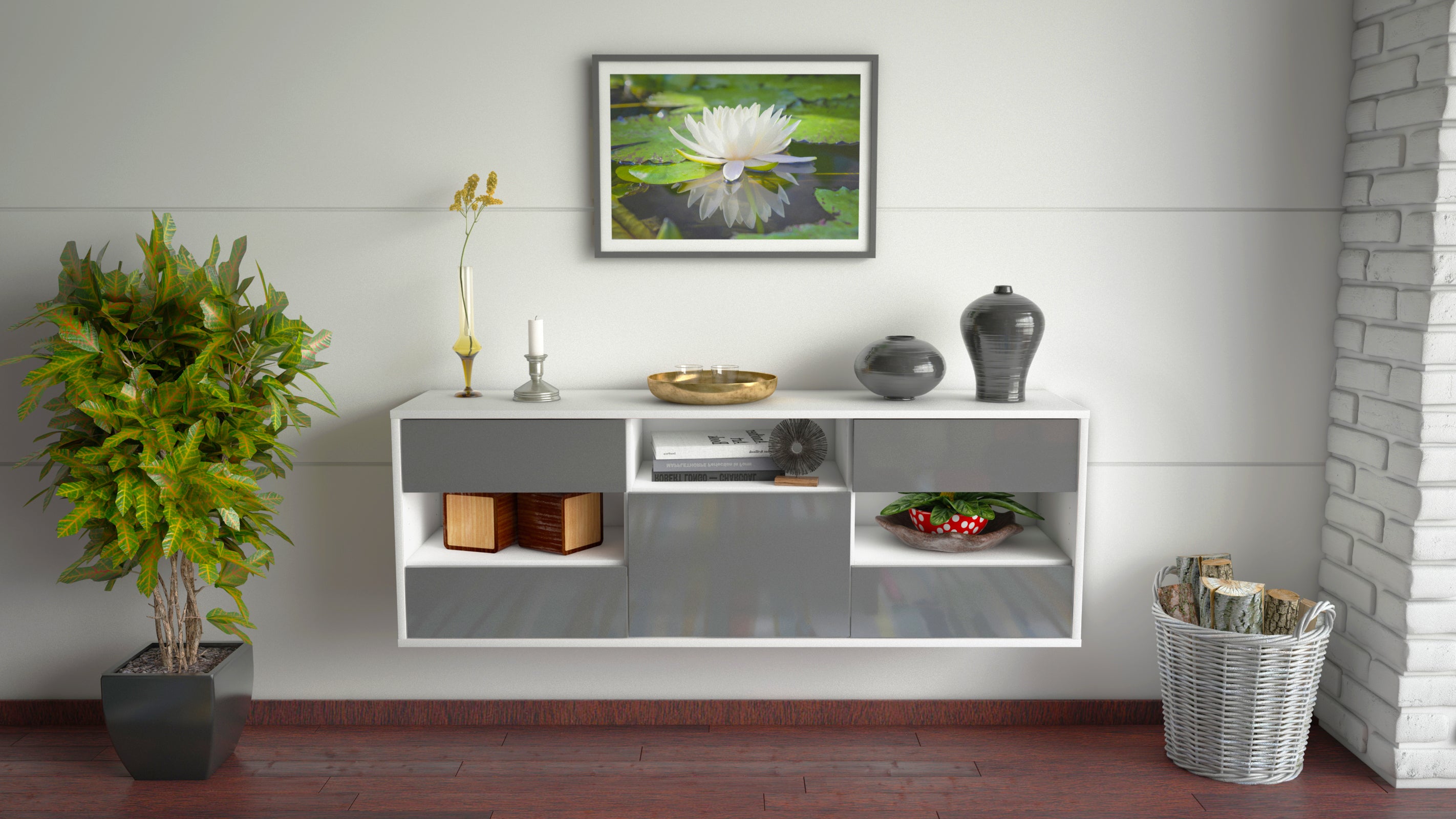 Lowboard - Annunziata - Design Hochglanz - Wandmontage mit Push to Open 136 cm Weiss